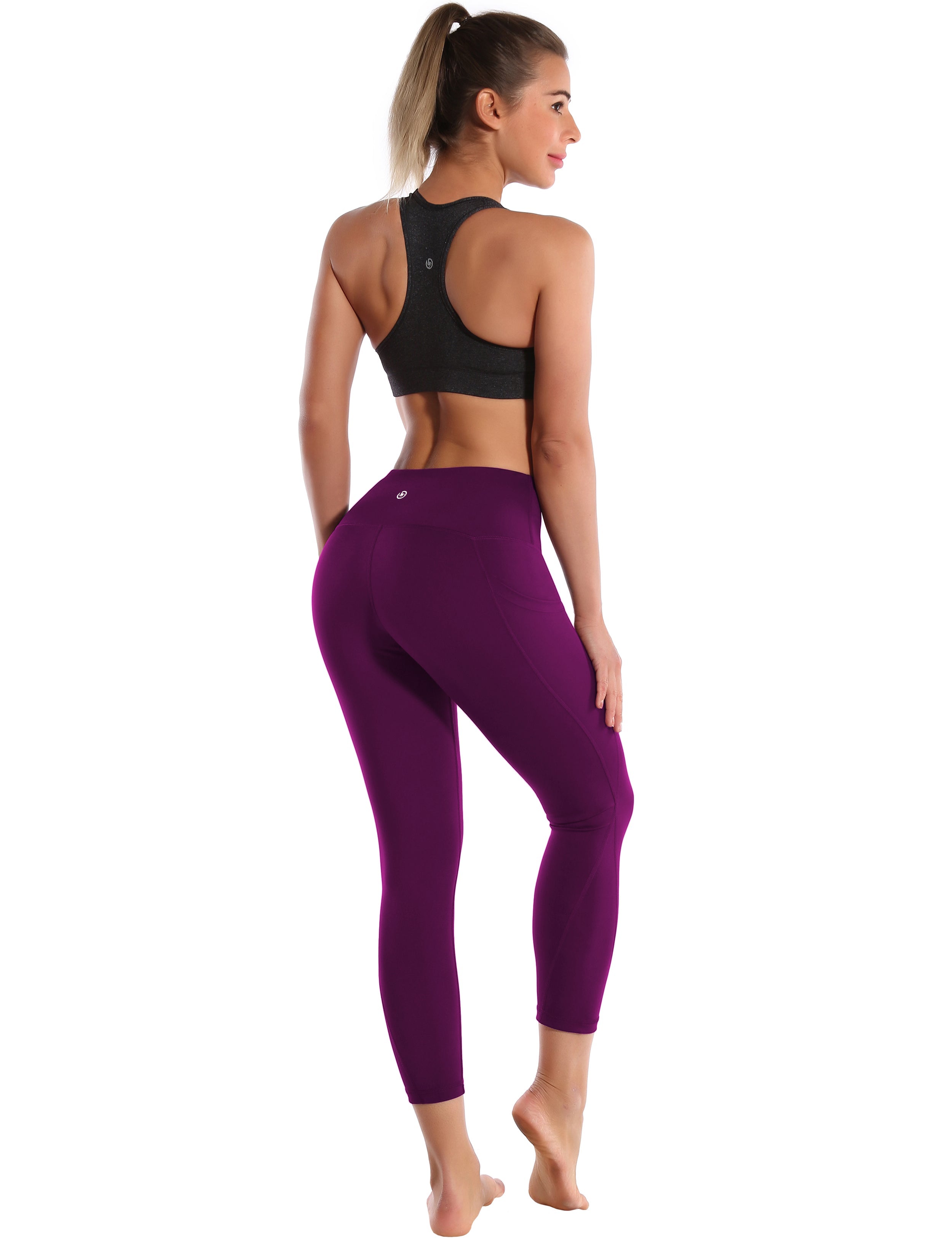 22" High Waist Side Pockets Capris plum 75%Nylon/25%Spandex Fabric doesn't attract lint easily 4-way stretch No see-through Moisture-wicking Tummy control Inner pocket