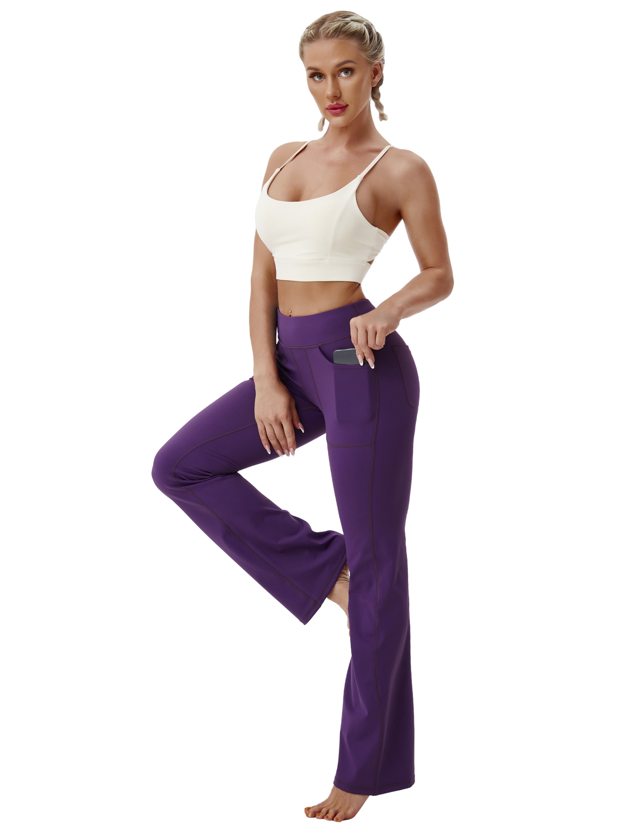 4 Pockets Bootcut Leggings eggplantpurple 75%Nylon/25%Spandex Fabric doesn't attract lint easily 4-way stretch No see-through Moisture-wicking Inner pocket Four lengths