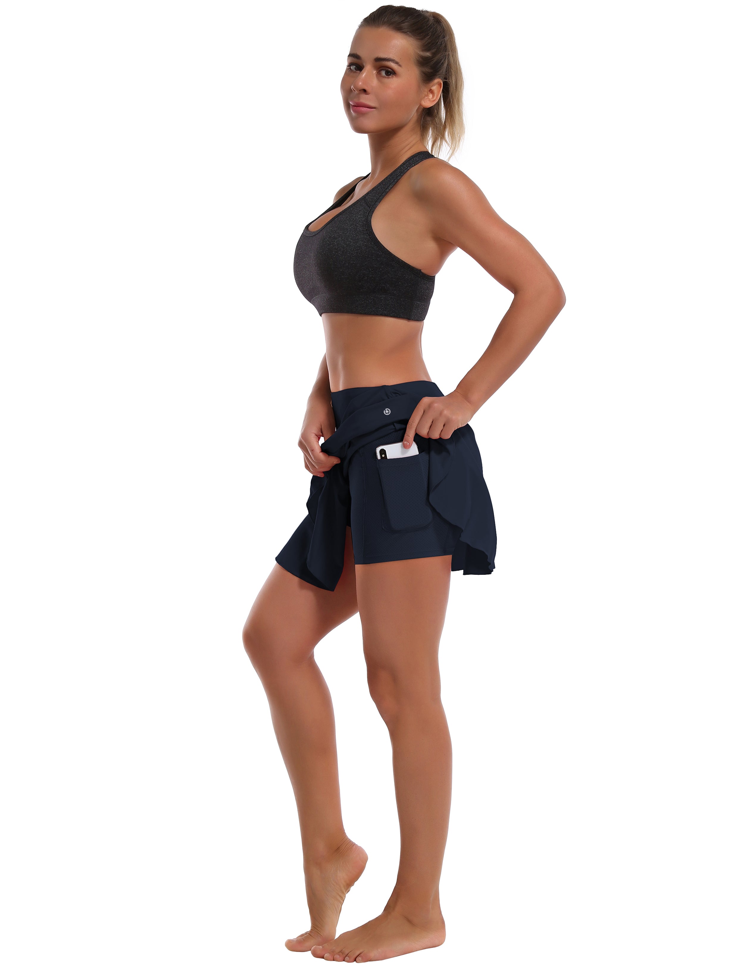 Athletic Tennis Golf Pleated Skort Awith Pocket Shorts darknavy 80%Nylon/20%Spandex UPF 50+ sun protection Elastic closure Lightweight, Wrinkle Moisture wicking Quick drying Secure & comfortable two layer Hidden pocket