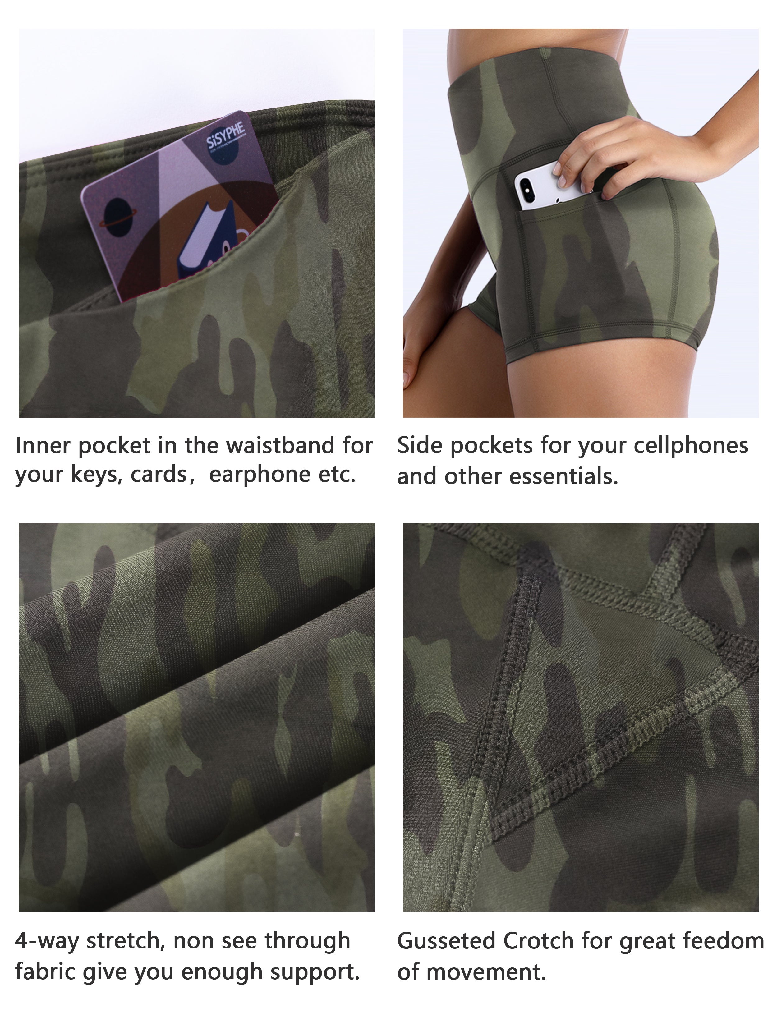 2.5" Printed Side Pockets Running Shorts green camo Sleek, soft, smooth and totally comfortable: our newest sexy style is here. Softest-ever fabric High elasticity High density 4-way stretch Fabric doesn't attract lint easily No see-through Moisture-wicking Machine wash 78% Polyester, 22% Spandex