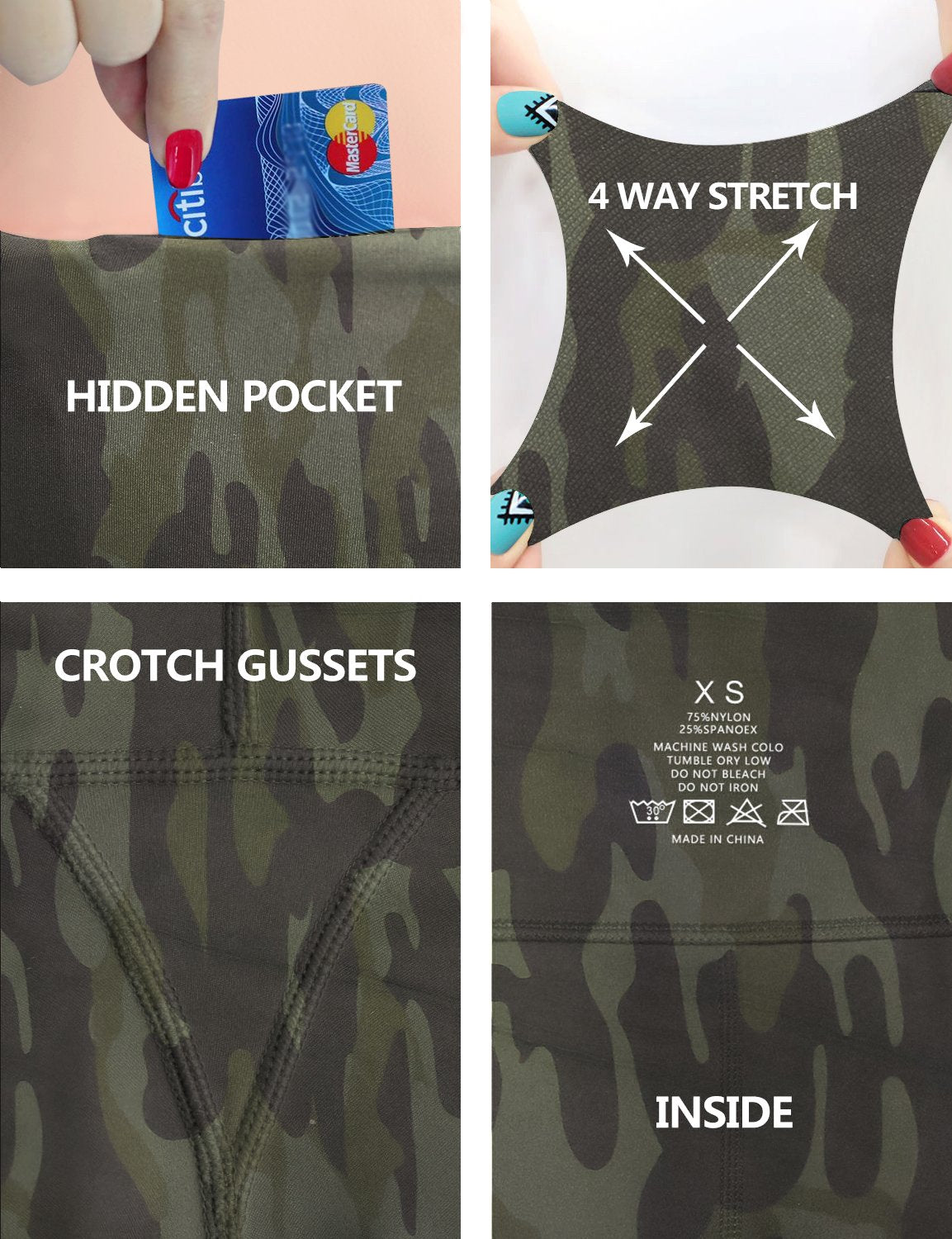 High Waist Printed Bootcut Leggings green camo 78%Polyester/22%Spandex Fabric doesn't attract lint easily 4-way stretch No see-through Moisture-wicking Tummy control Inner pocket Five lengths