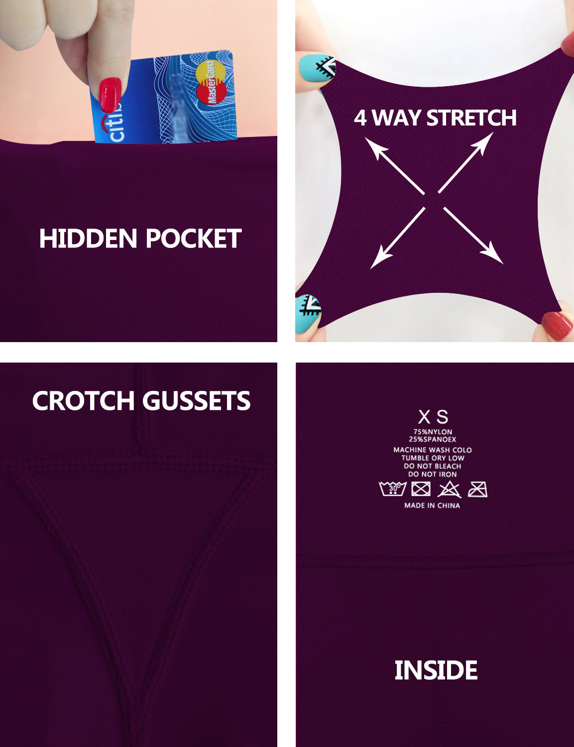 High Waist Bootcut Leggings Plum 75%Nylon/25%Spandex Fabric doesn't attract lint easily 4-way stretch No see-through Moisture-wicking Tummy control Inner pocket Five lengths