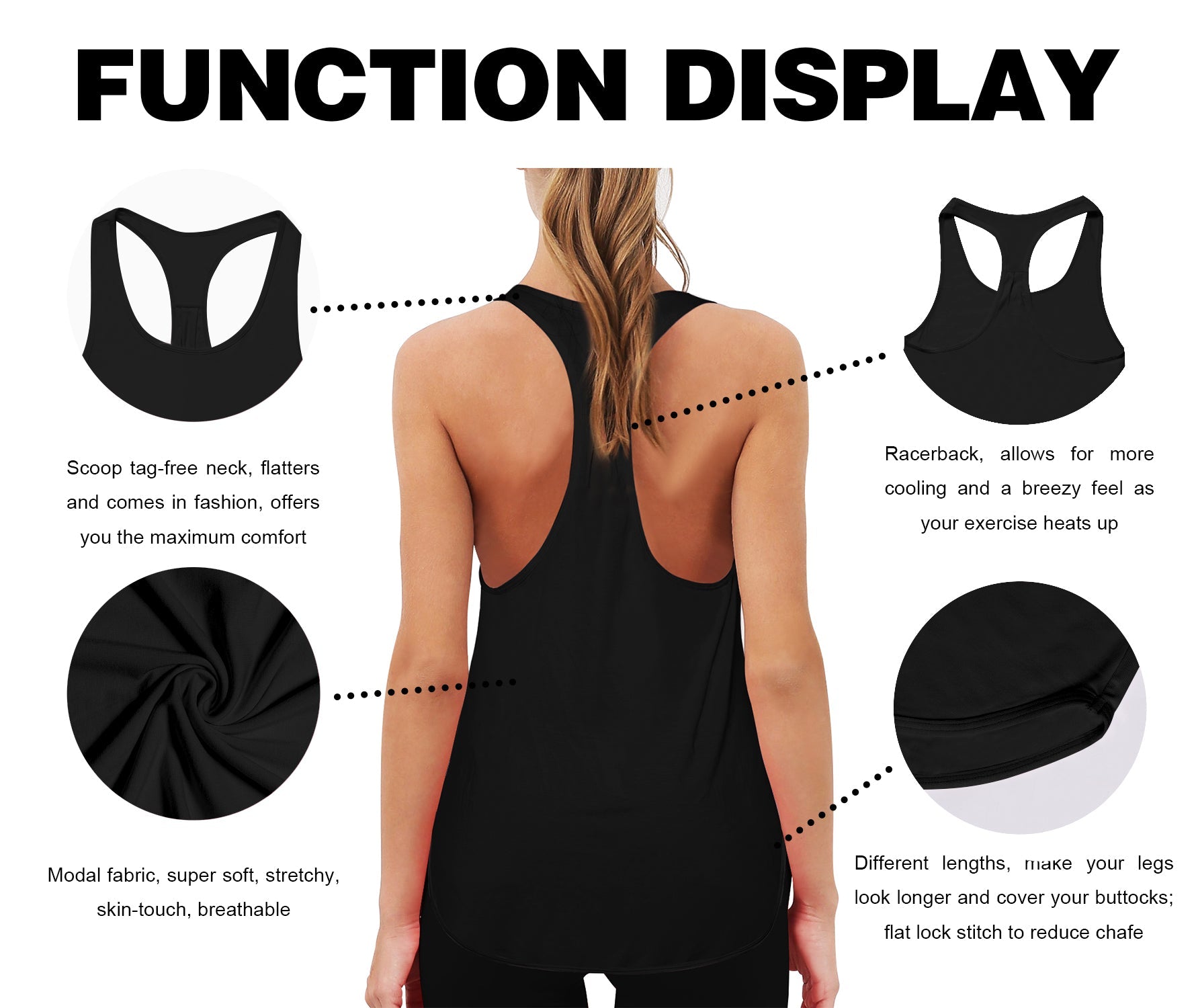 Loose Fit Racerback Tank Top black Designed for On the Move Loose fit 93%Modal/7%Spandex Four-way stretch Naturally breathable Super-Soft, Modal Fabric