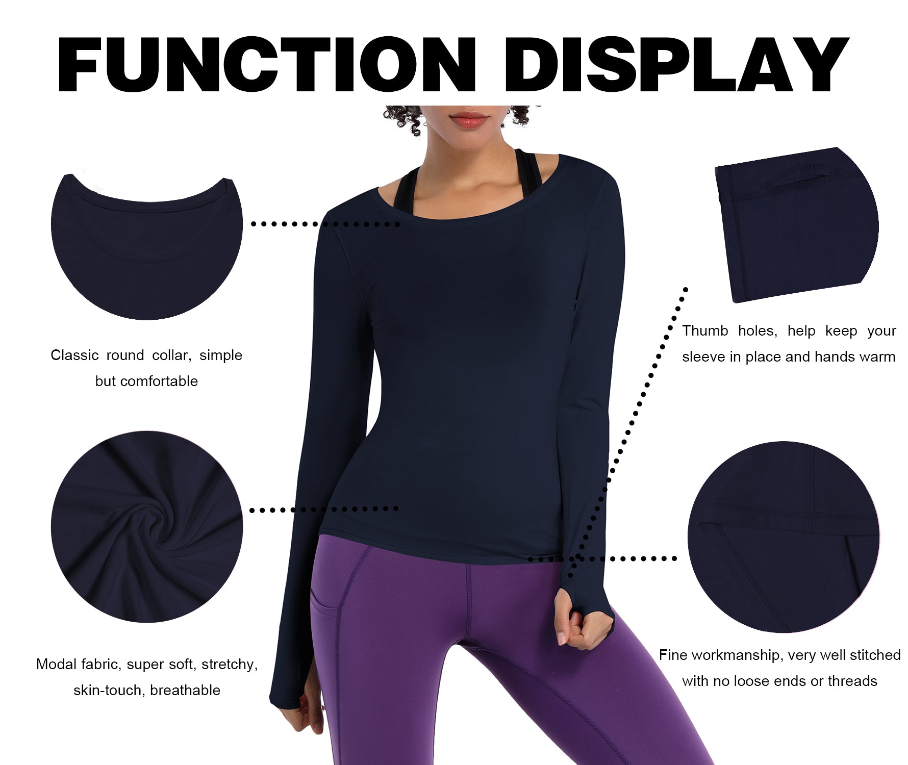 Athlete Long Sleeve Tops darknavy Designed for On the Move Slim fit 93%Modal/7%Spandex Four-way stretch Naturally breathable Super-Soft, Modal Fabric