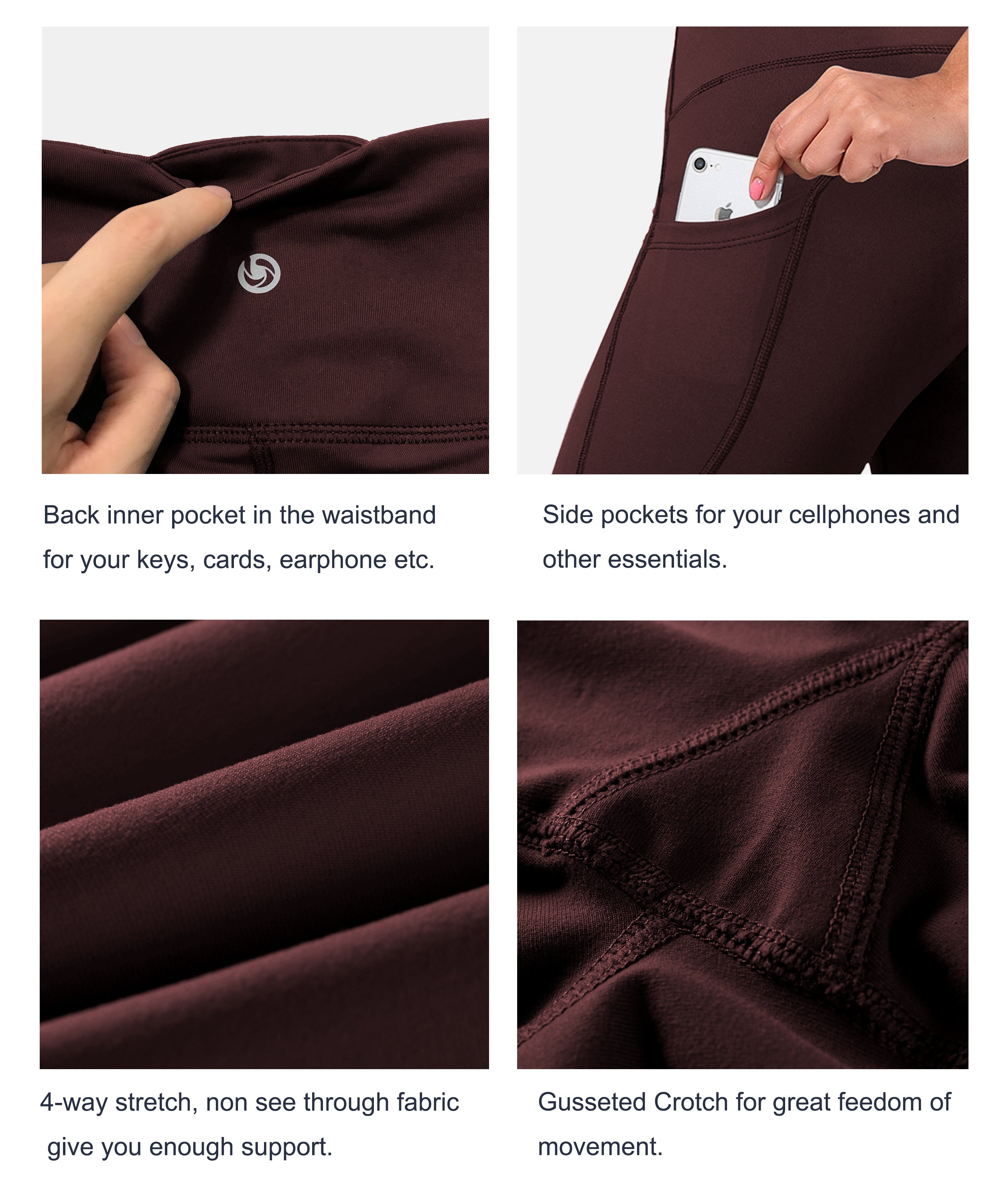 139 Side Pockets Bootcut Leggings mahoganymaroon 87%Nylon/13%Spandex Fabric doesn't attract lint easily 4-way stretch No see-through Moisture-wicking Tummy control Inner pocket Four lengths