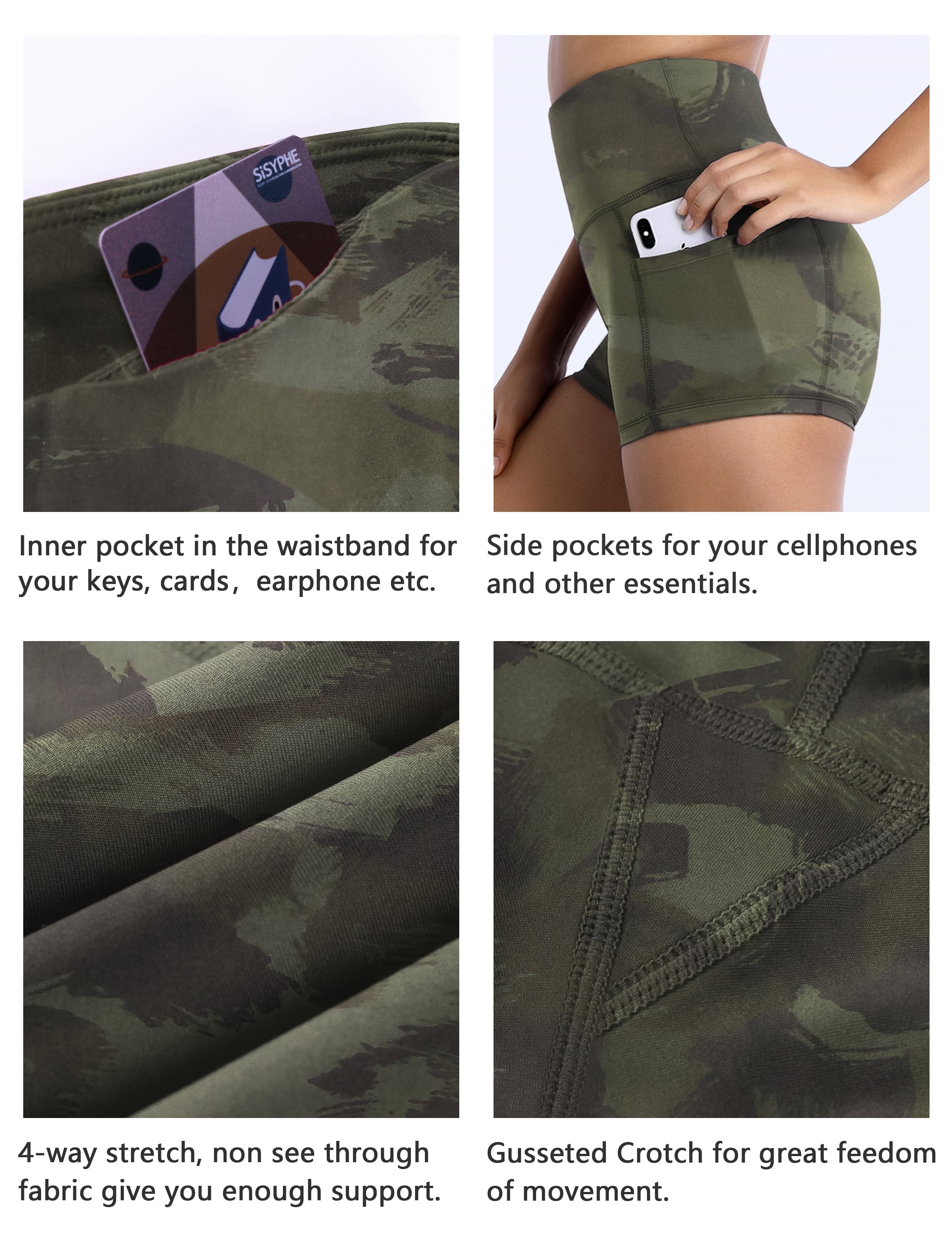 2.5" Printed Side Pockets Gym Shorts green brushcamo Sleek, soft, smooth and totally comfortable: our newest sexy style is here. Softest-ever fabric High elasticity High density 4-way stretch Fabric doesn't attract lint easily No see-through Moisture-wicking Machine wash 78% Polyester, 22% Spandex