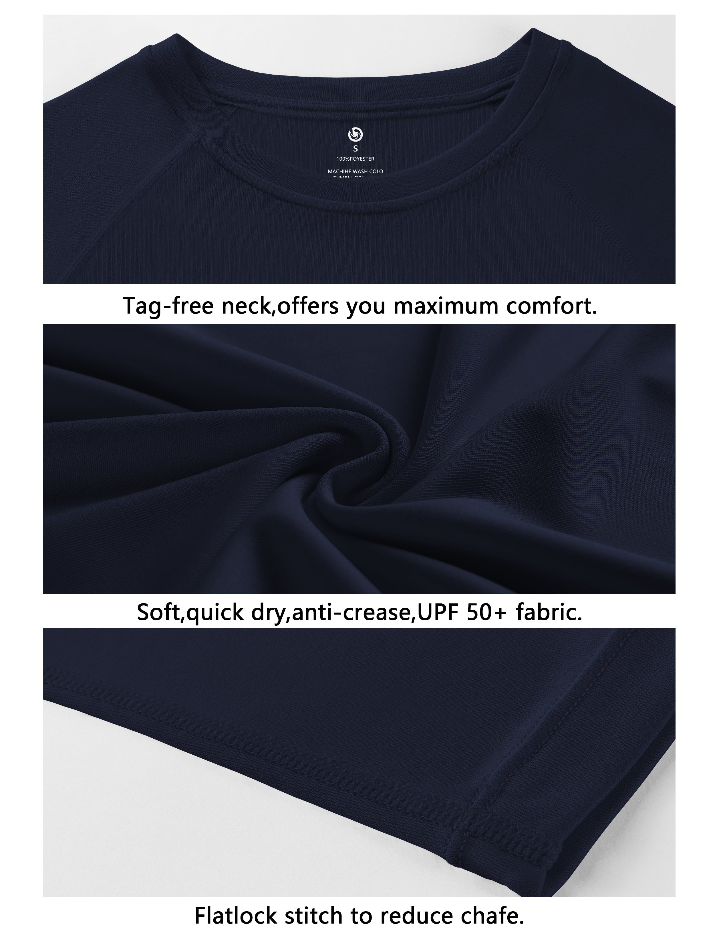 Long Sleeve Athletic Shirts darknavy 100% polyester Lightweight Slim Fit UPF 50+ blocks sun's harmful rays Treated to wick moisture, dries ultra-fast