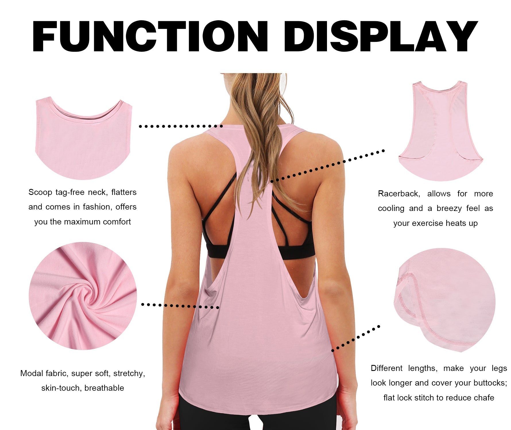 Low Cut Loose Fit Tank Top lightpink Designed for On the Move Loose fit 93%Modal/7%Spandex Four-way stretch Naturally breathable Super-Soft, Modal Fabric