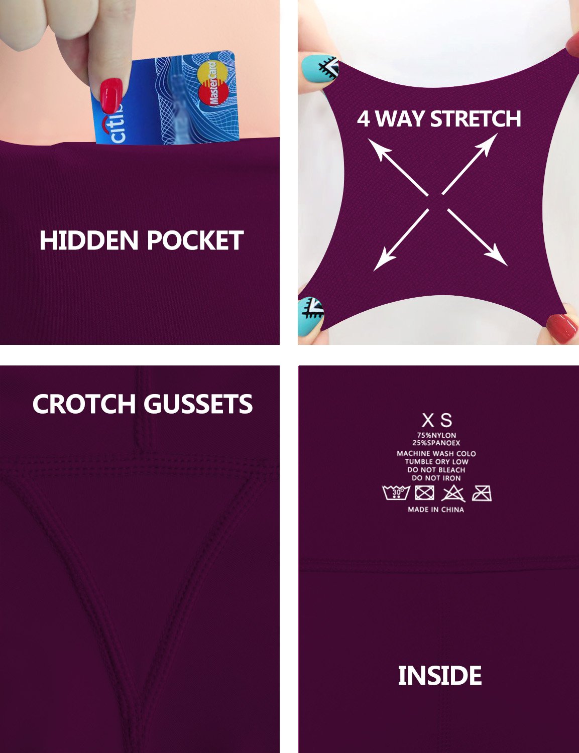 High Waist Side Pockets Running Pants plum 75% Nylon, 25% Spandex Fabric doesn't attract lint easily 4-way stretch No see-through Moisture-wicking Tummy control Inner pocket