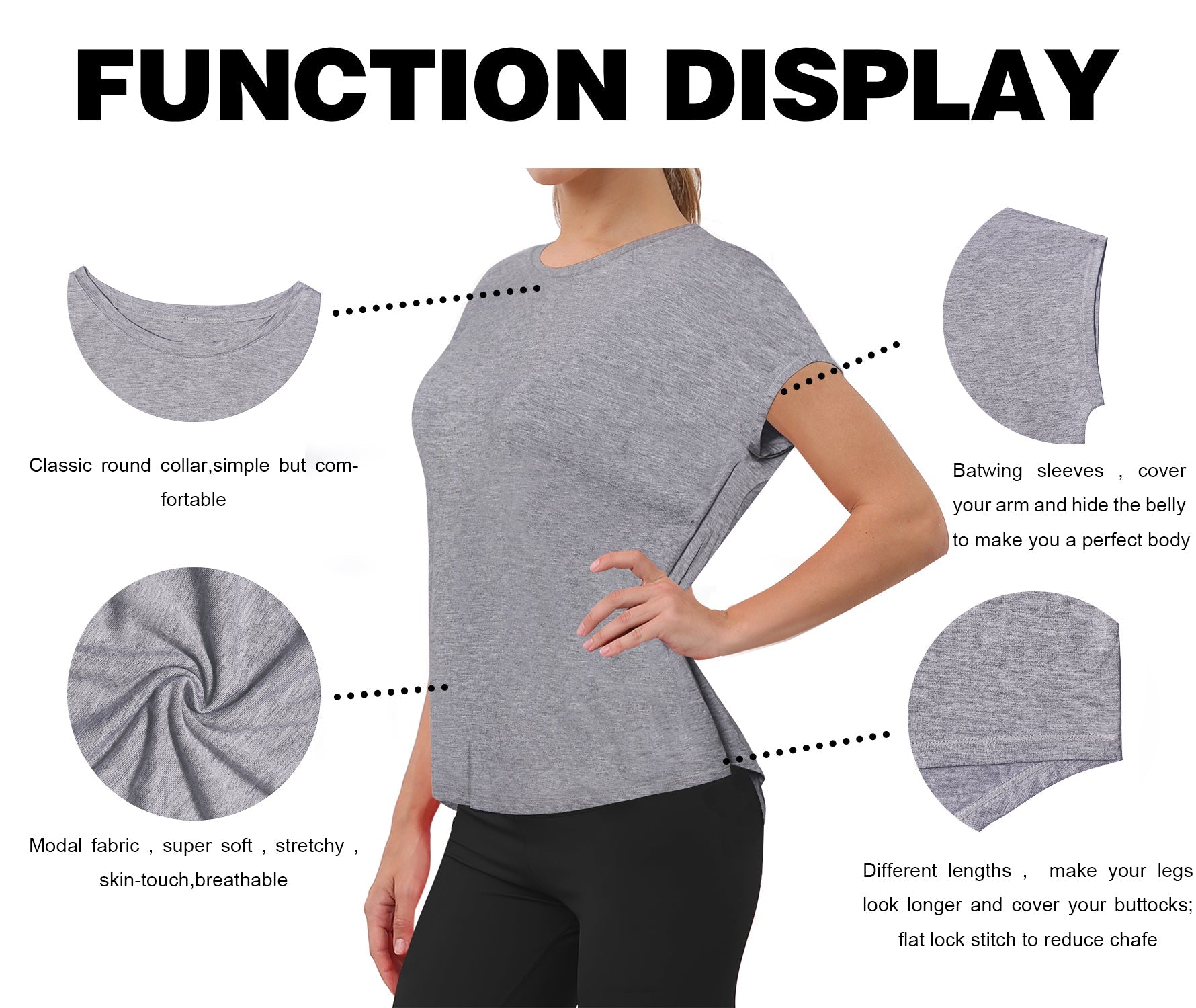 Hip Length Short Sleeve Shirt heathergray 93%Modal/7%Spandex Designed for Pilates Classic Fit, Hip Length An easy fit that floats away from your body Sits below the waistband for moderate, everyday coverage Lightweight, elastic, strong fabric for moisture absorption and perspiration, sports and fitness clothing.