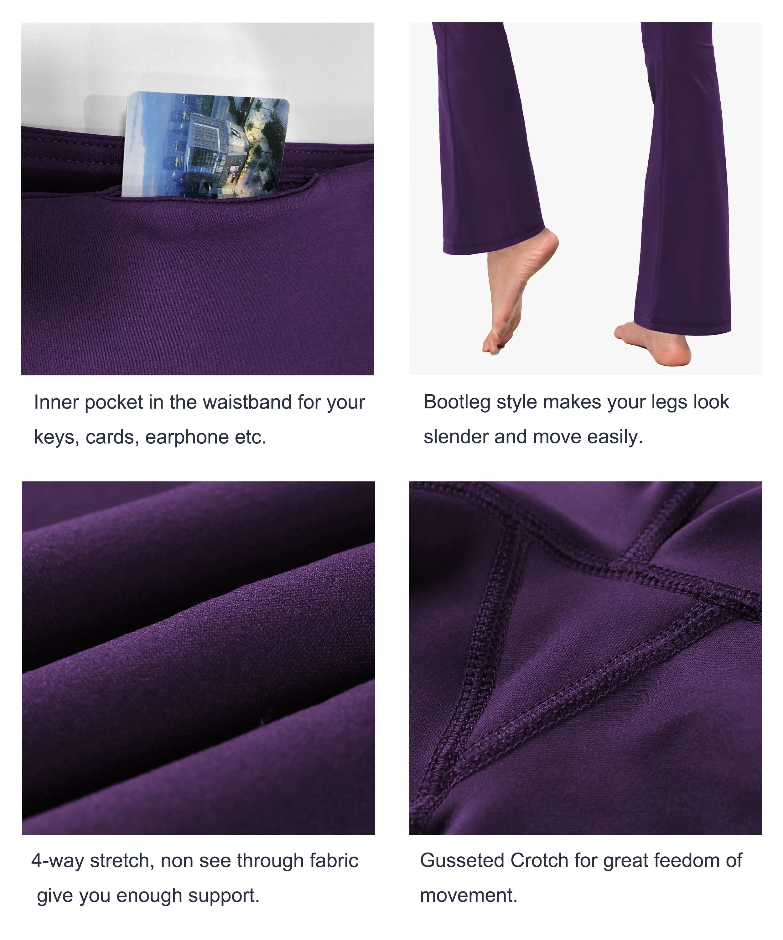 High Waist Bootcut Leggings pansypurple 75%Nylon/25%Spandex Fabric doesn't attract lint easily 4-way stretch No see-through Moisture-wicking Tummy control Inner pocket Five lengths