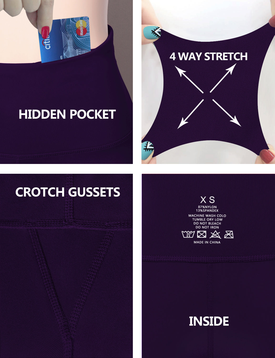 Back Pockets Bootcut Leggings darkpurple 87%Nylon/13%Spandex Fabric doesn't attract lint easily 4-way stretch No see-through Moisture-wicking Inner pocket Four lengths