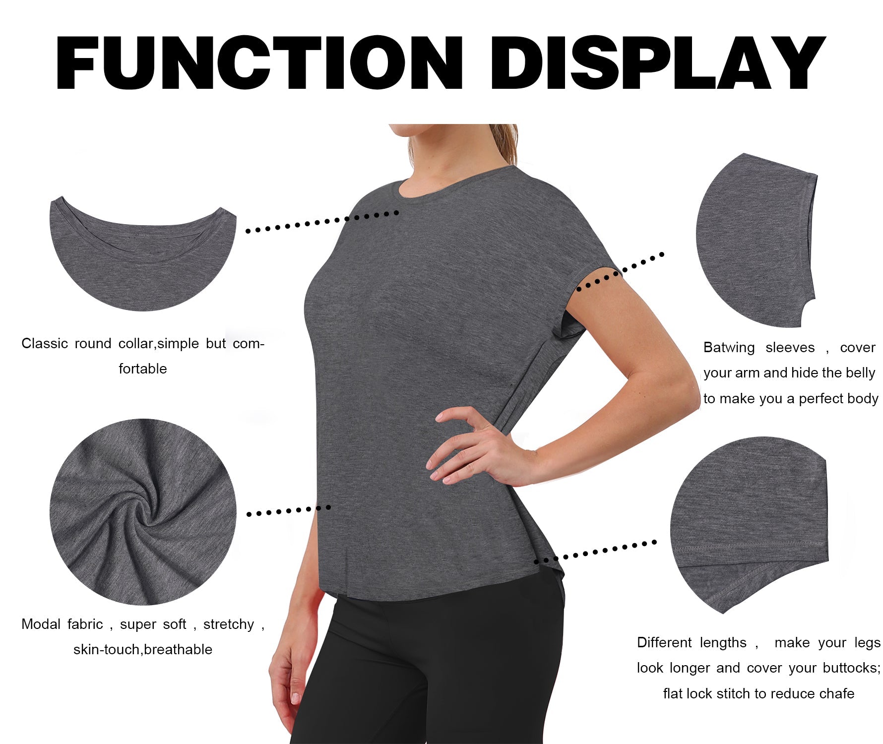 Hip Length Short Sleeve Shirt heathercharcoal 93%Modal/7%Spandex Designed for Pilates Classic Fit, Hip Length An easy fit that floats away from your body Sits below the waistband for moderate, everyday coverage Lightweight, elastic, strong fabric for moisture absorption and perspiration, sports and fitness clothing.