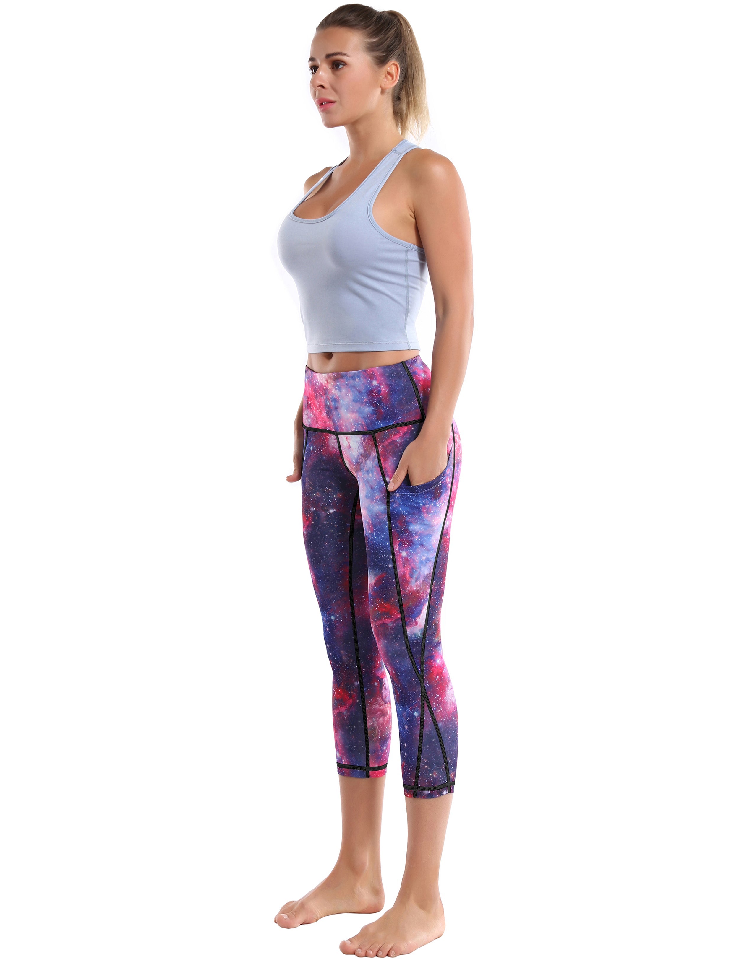 19" High Waist Printed Side Pockets Capris galaxy_Biking