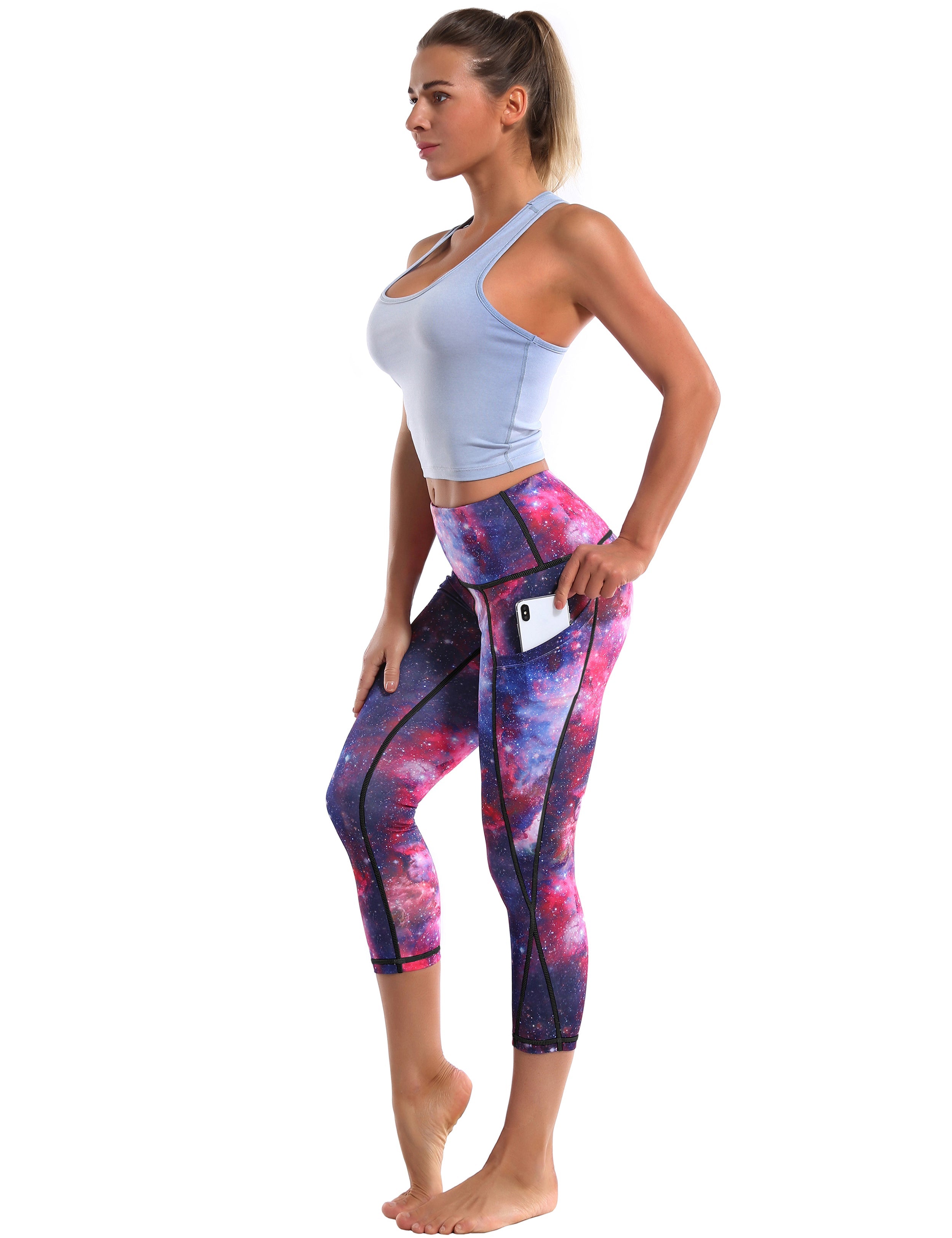 19" High Waist Printed Side Pockets Capris galaxy_Biking