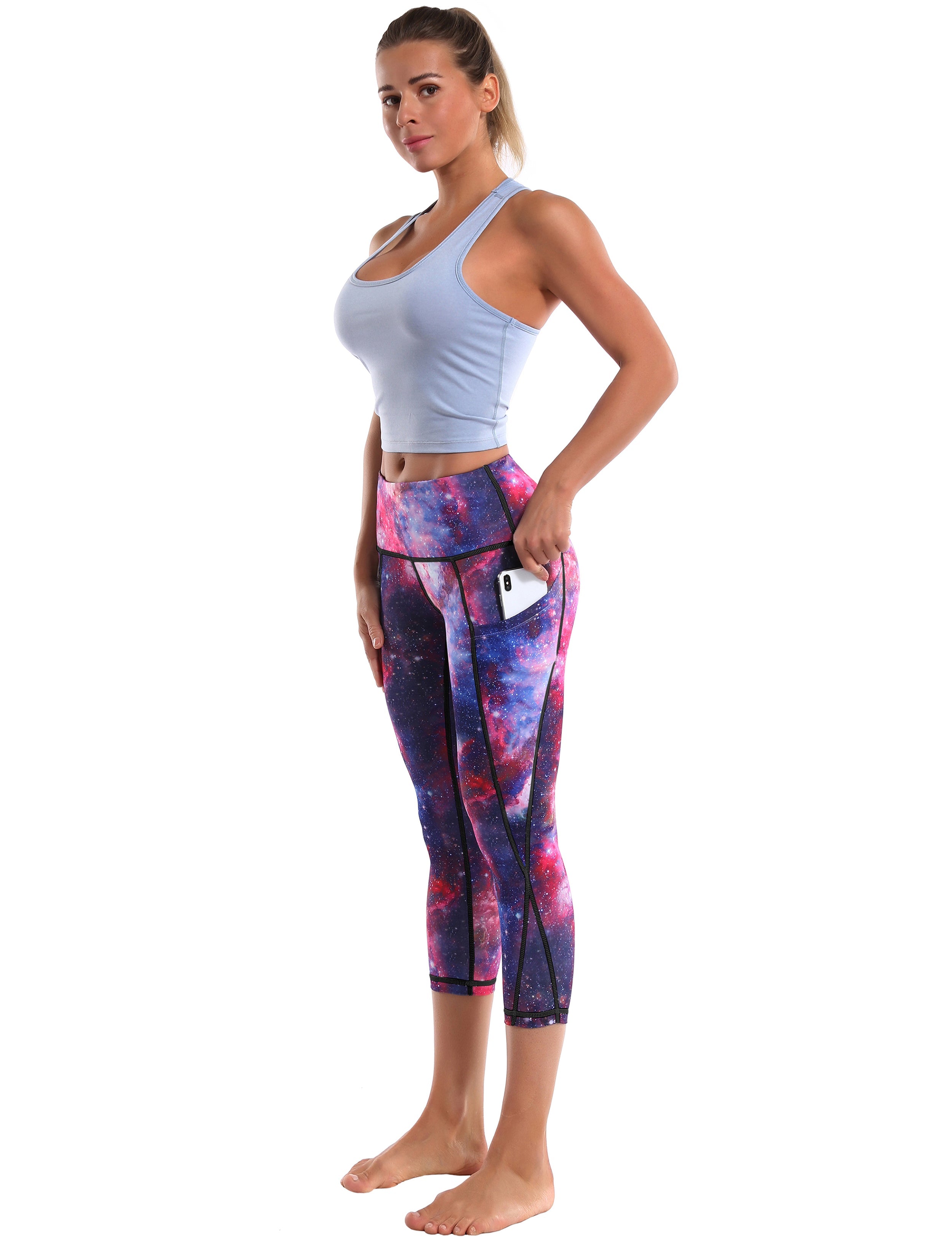 19" High Waist Printed Side Pockets Capris galaxy_Biking