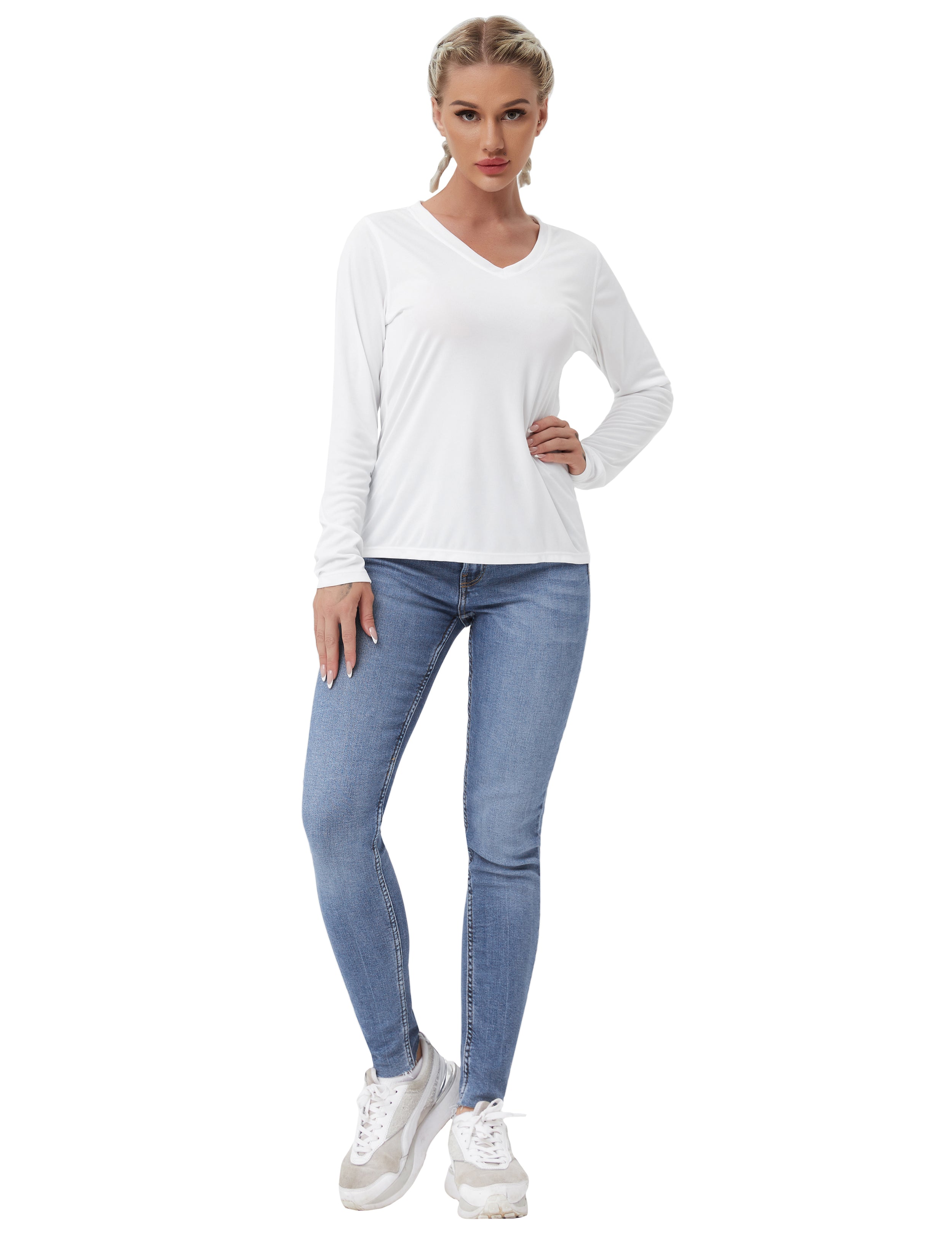 V Neck Long Sleeve Athletic Shirts white_Gym