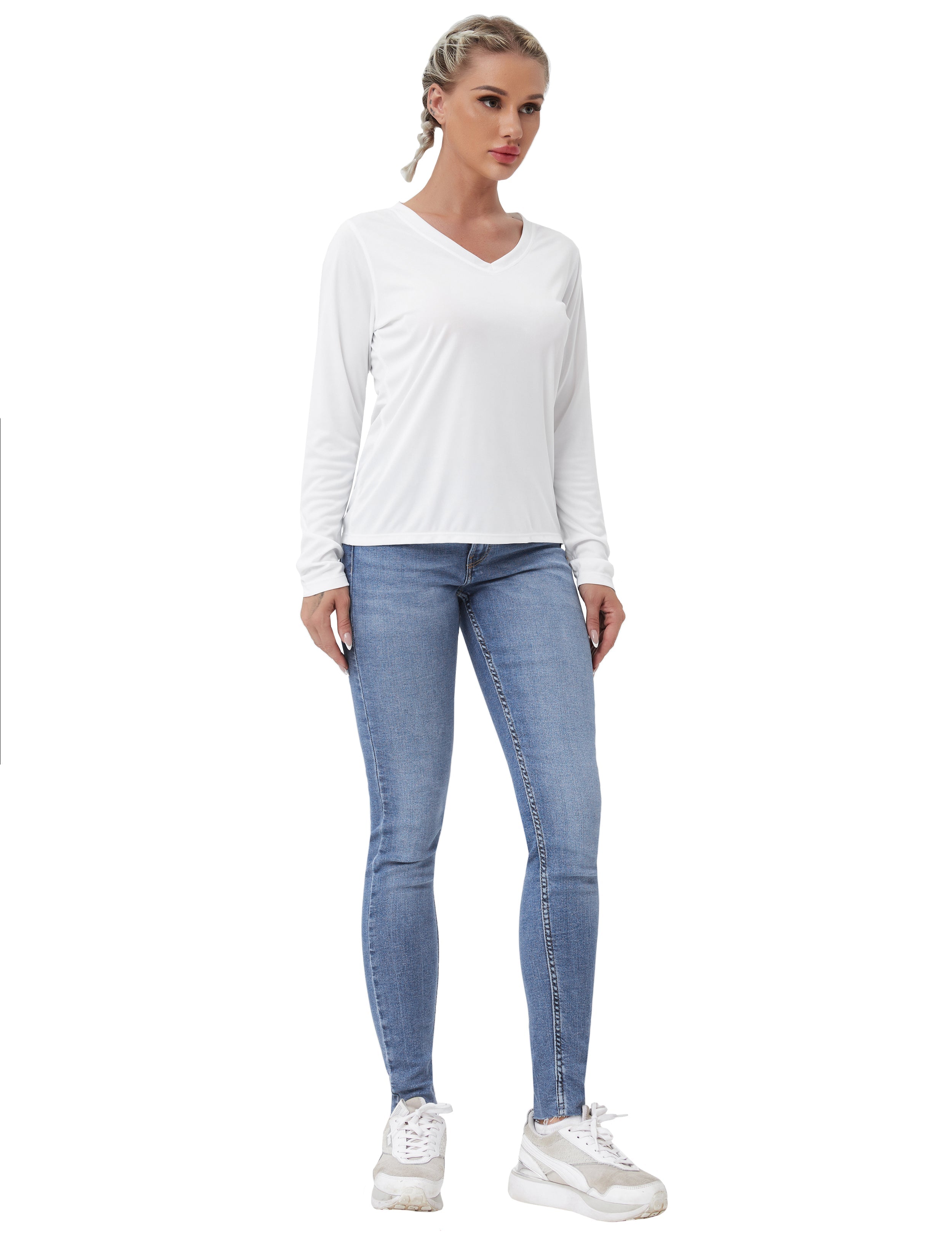 V Neck Long Sleeve Athletic Shirts white_yogastudio