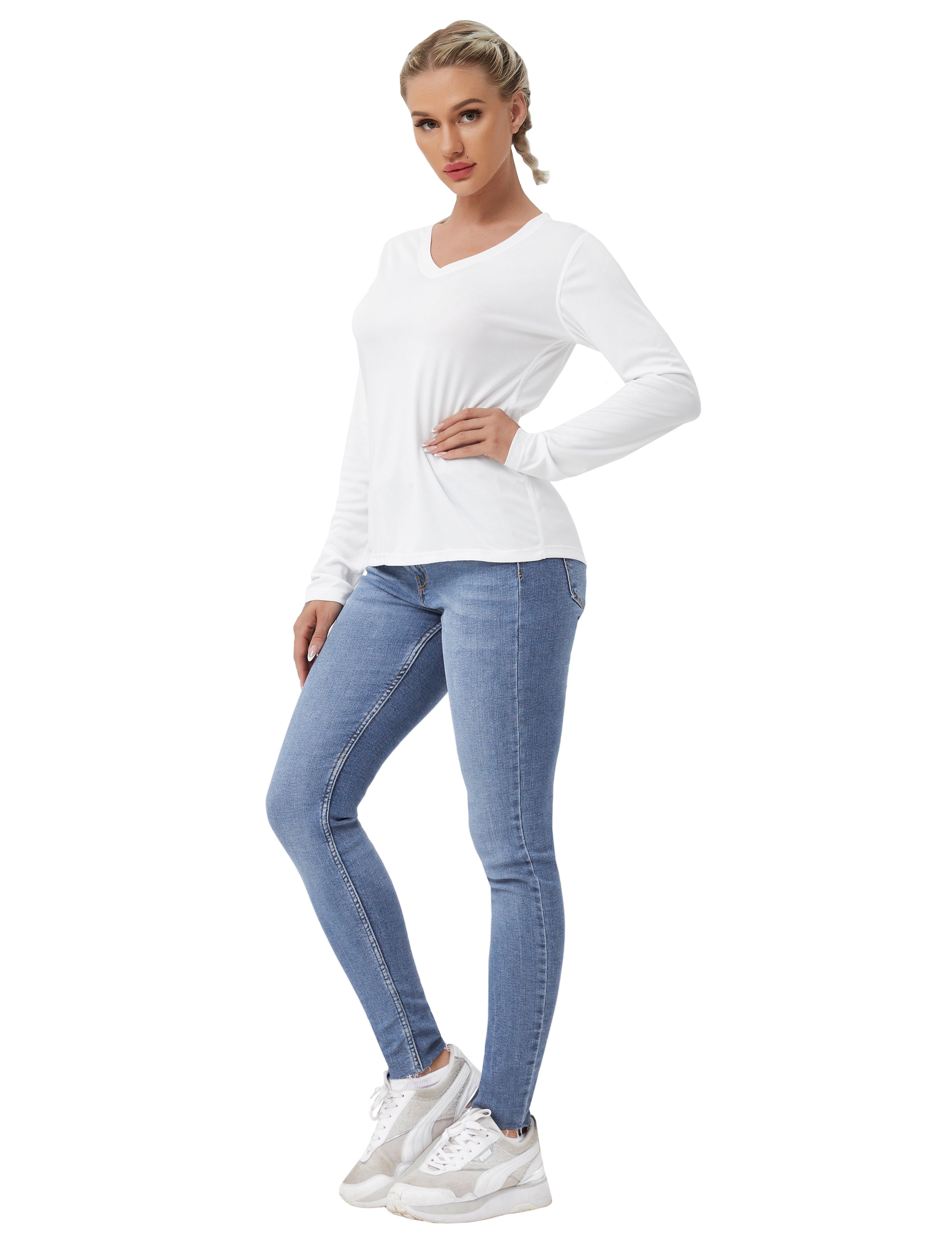 V Neck Long Sleeve Athletic Shirts white_yogastudio