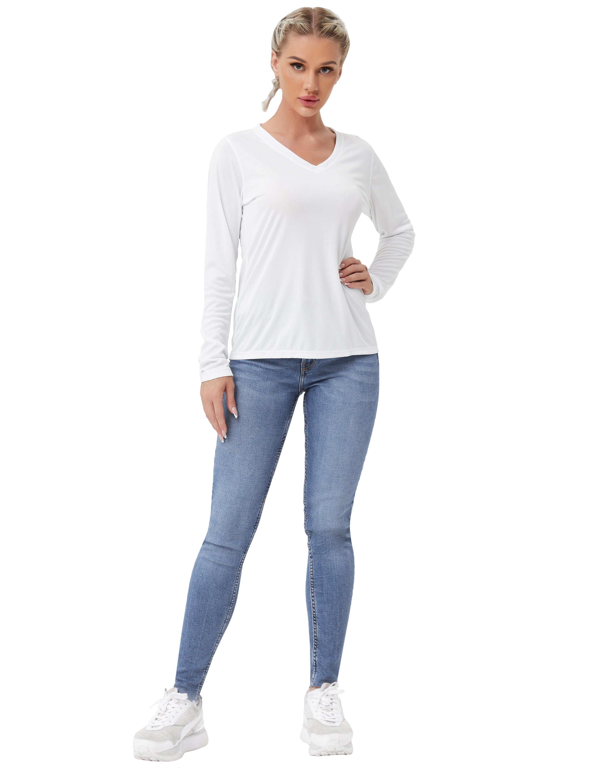 V Neck Long Sleeve Athletic Shirts white_Tall Size