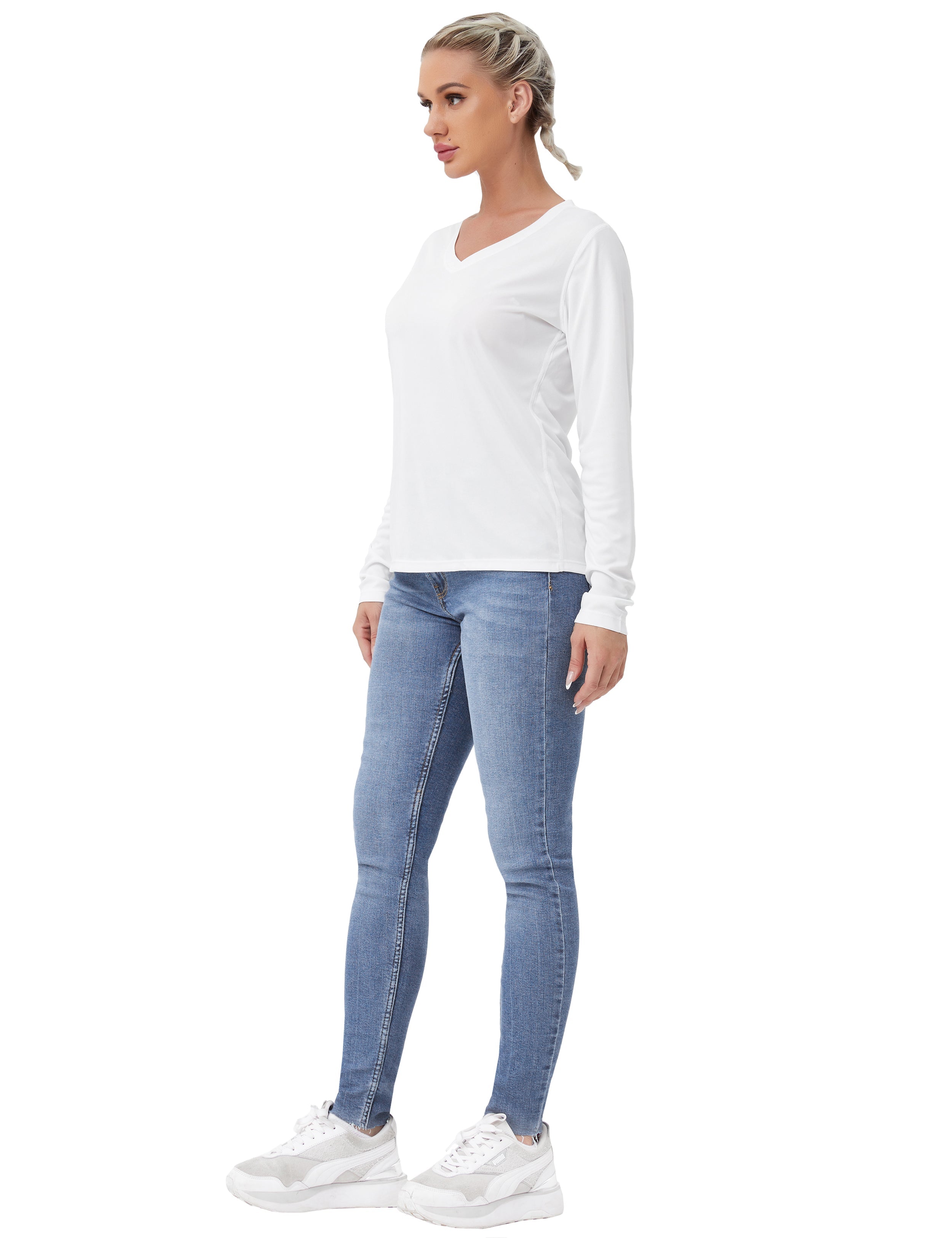 V Neck Long Sleeve Athletic Shirts white_Gym