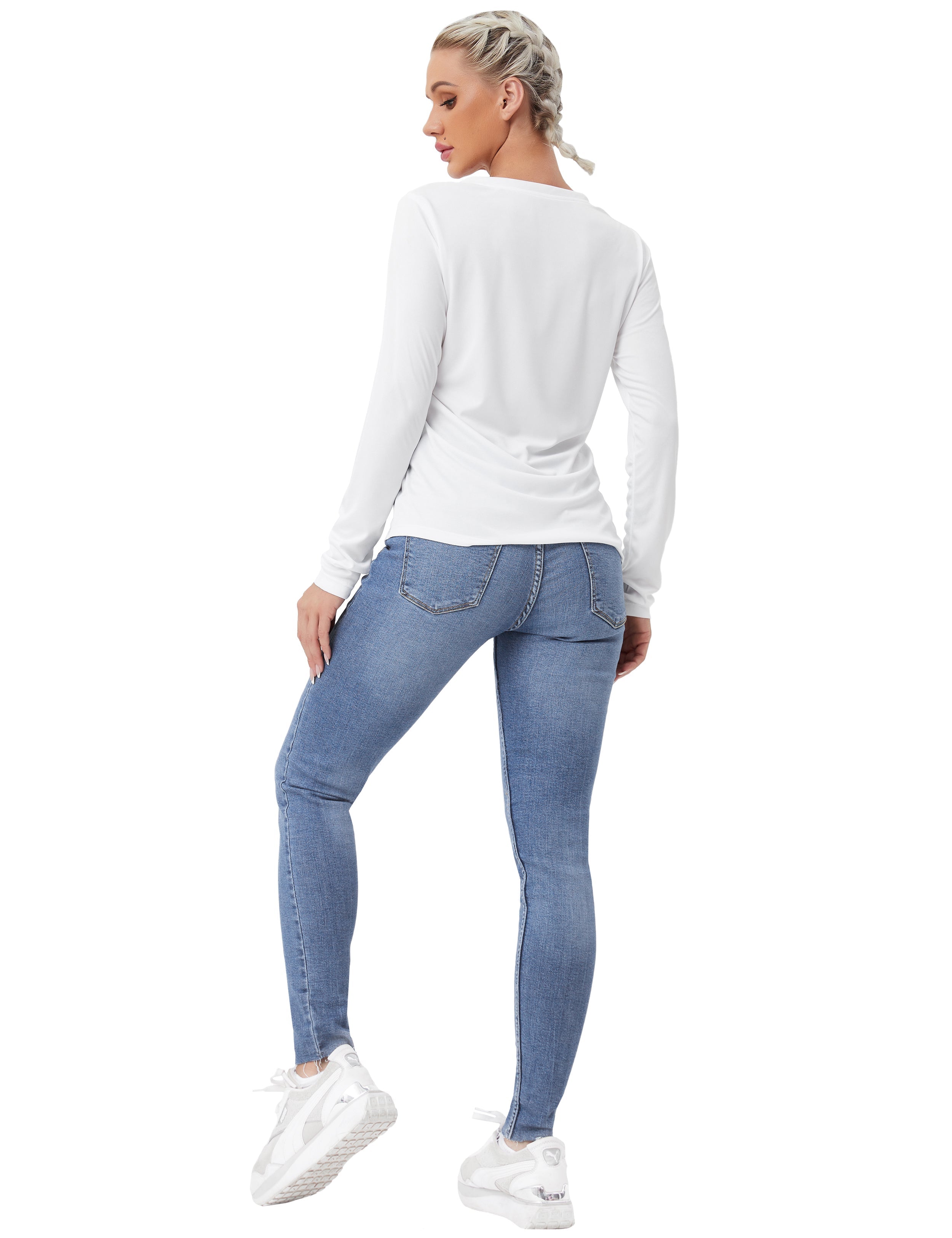 V Neck Long Sleeve Athletic Shirts white_yogastudio