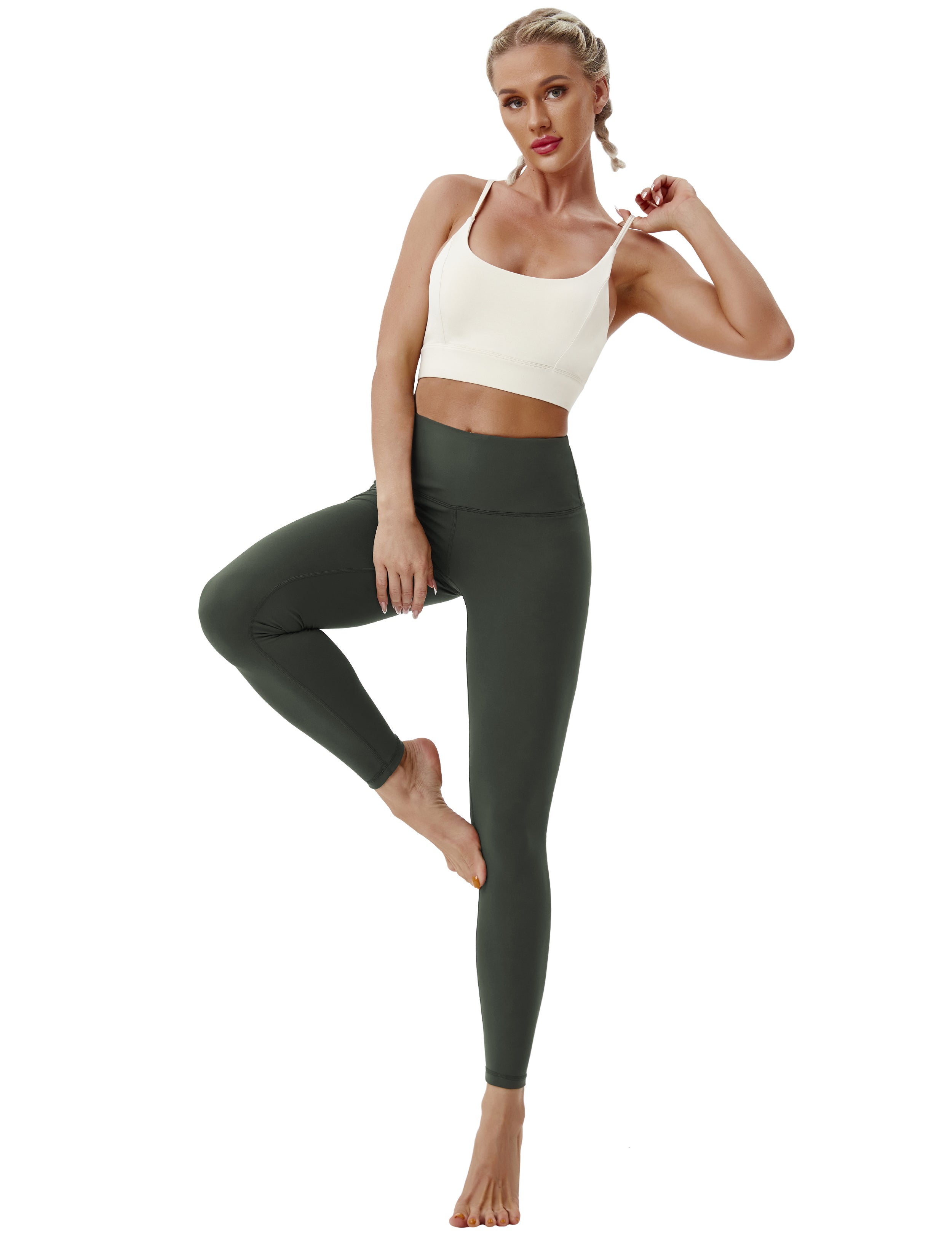 High Waist Pilates Pants olivegray 75%Nylon/25%Spandex Fabric doesn't attract lint easily 4-way stretch No see-through Moisture-wicking Tummy control Inner pocket Four lengths