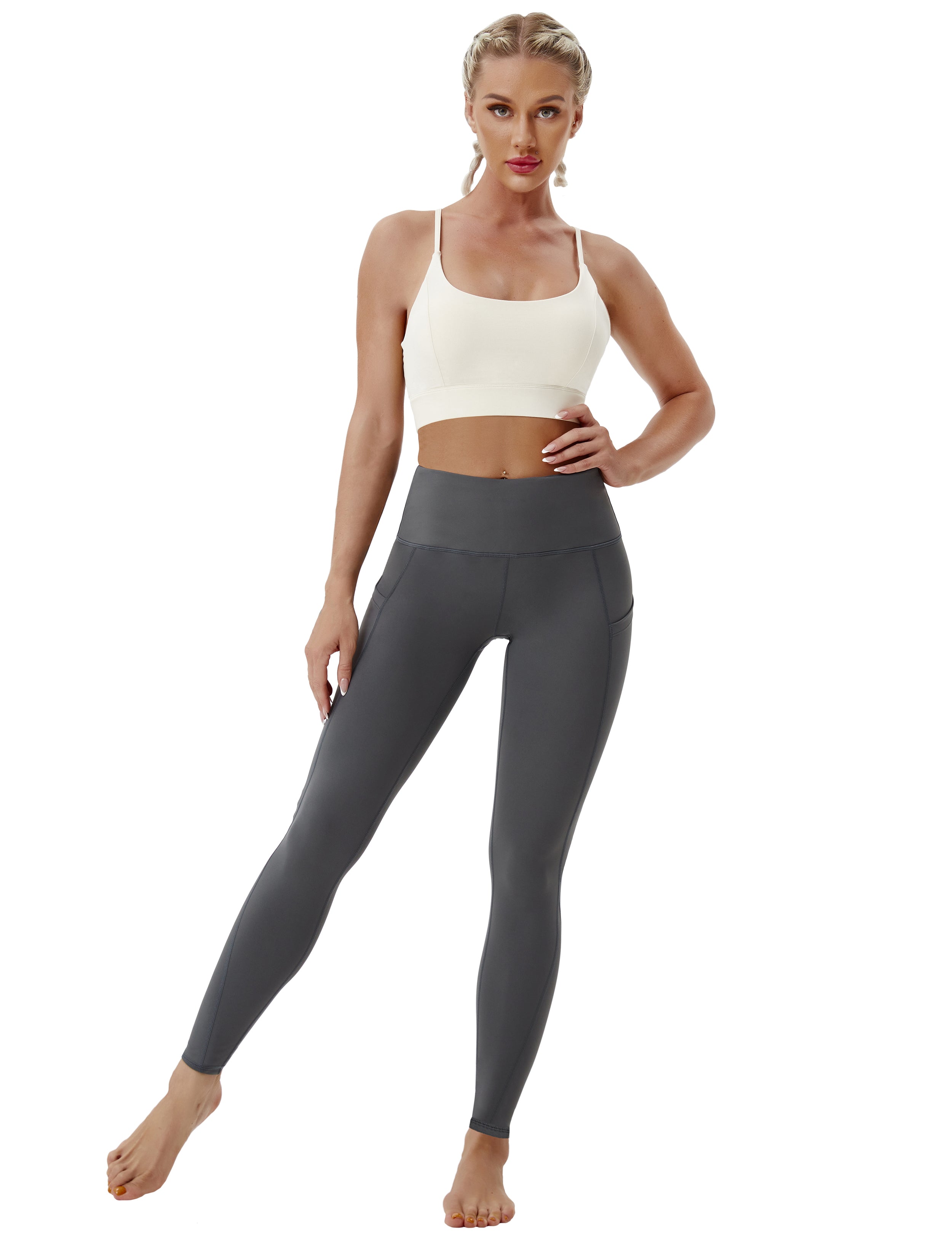 High Waist Side Pockets Pilates Pants shadowcharcoal 75% Nylon, 25% Spandex Fabric doesn't attract lint easily 4-way stretch No see-through Moisture-wicking Tummy control Inner pocket