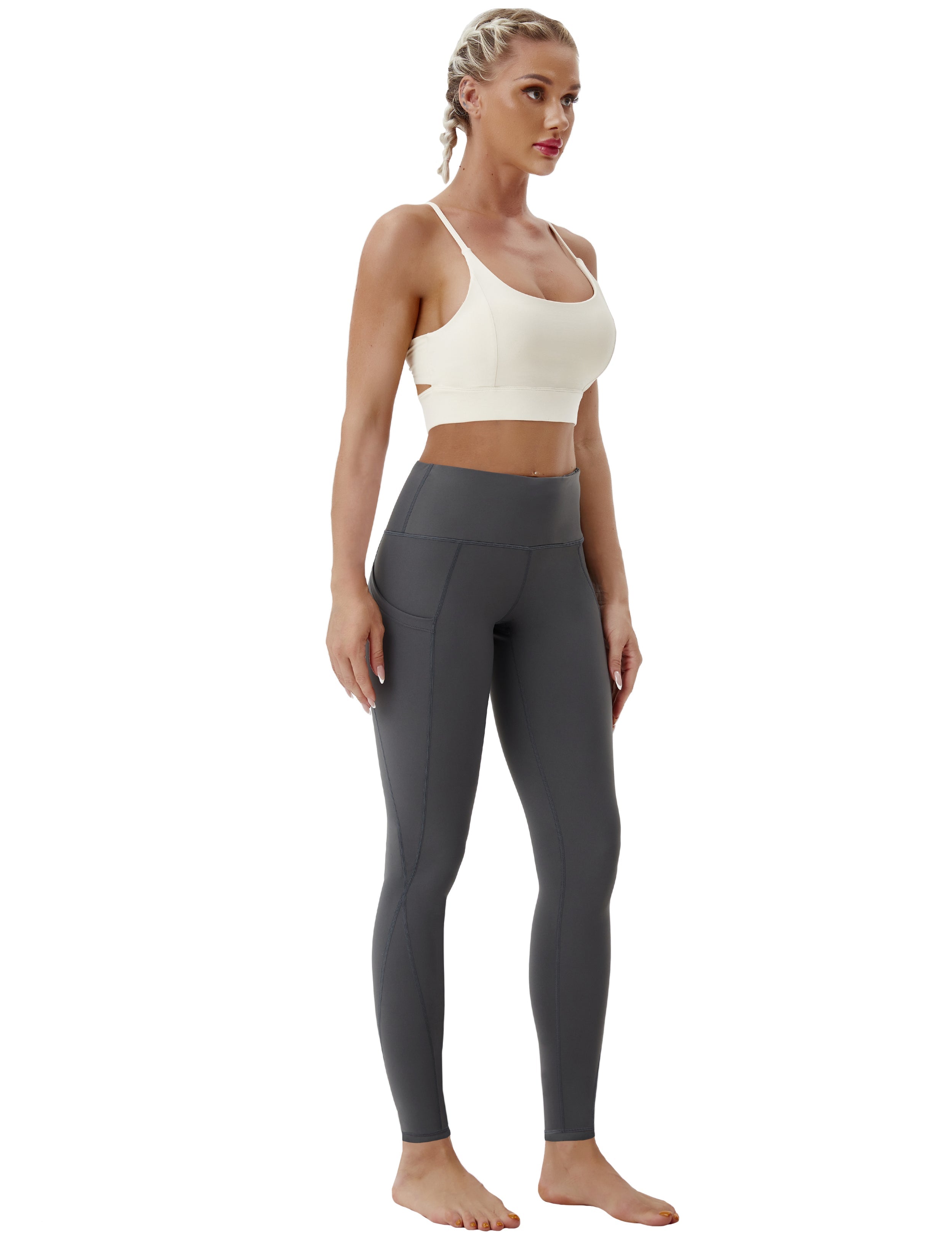 High Waist Side Pockets Tall Size Pants shadowcharcoal 75% Nylon, 25% Spandex Fabric doesn't attract lint easily 4-way stretch No see-through Moisture-wicking Tummy control Inner pocket