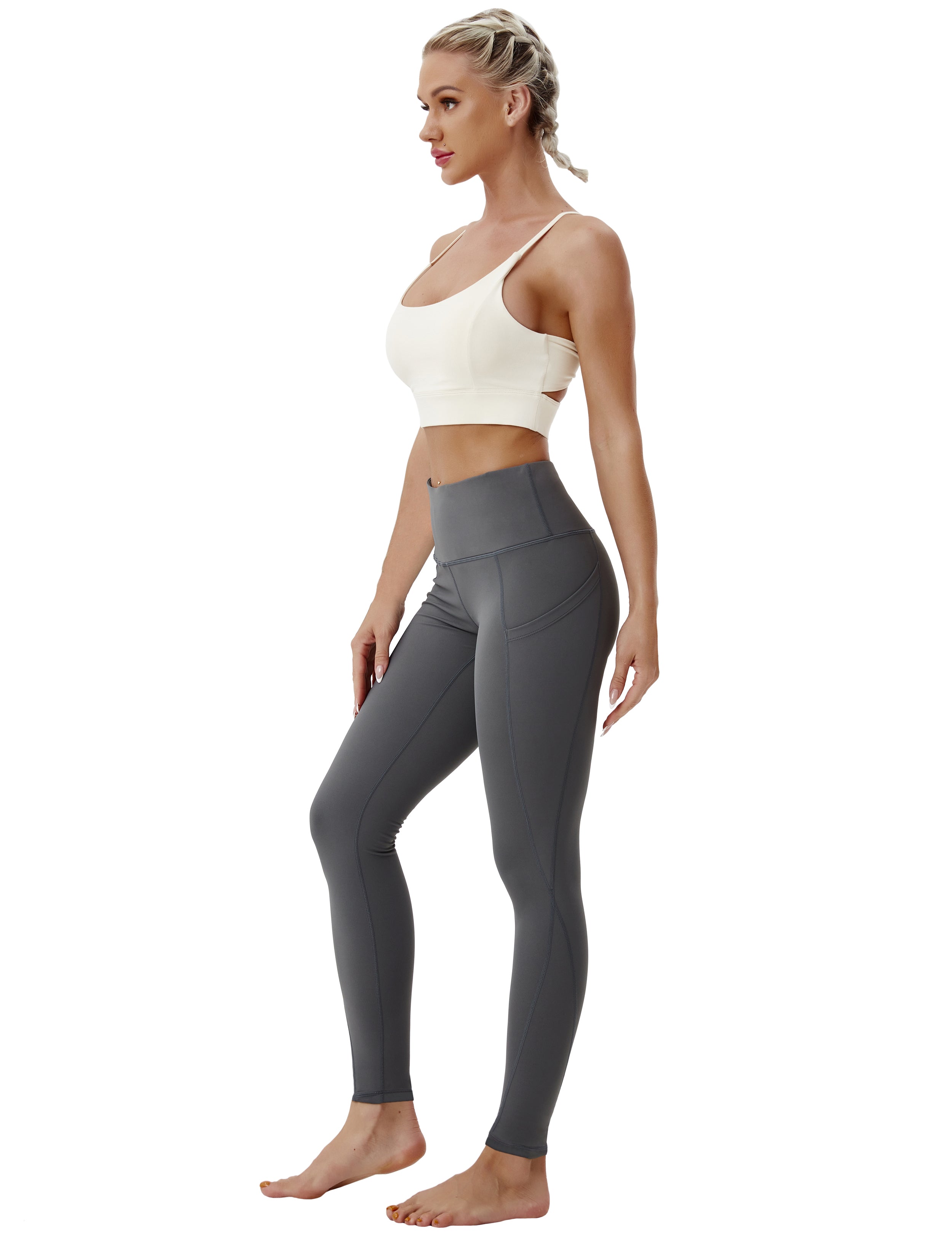 High Waist Side Pockets Running Pants shadowcharcoal 75% Nylon, 25% Spandex Fabric doesn't attract lint easily 4-way stretch No see-through Moisture-wicking Tummy control Inner pocket