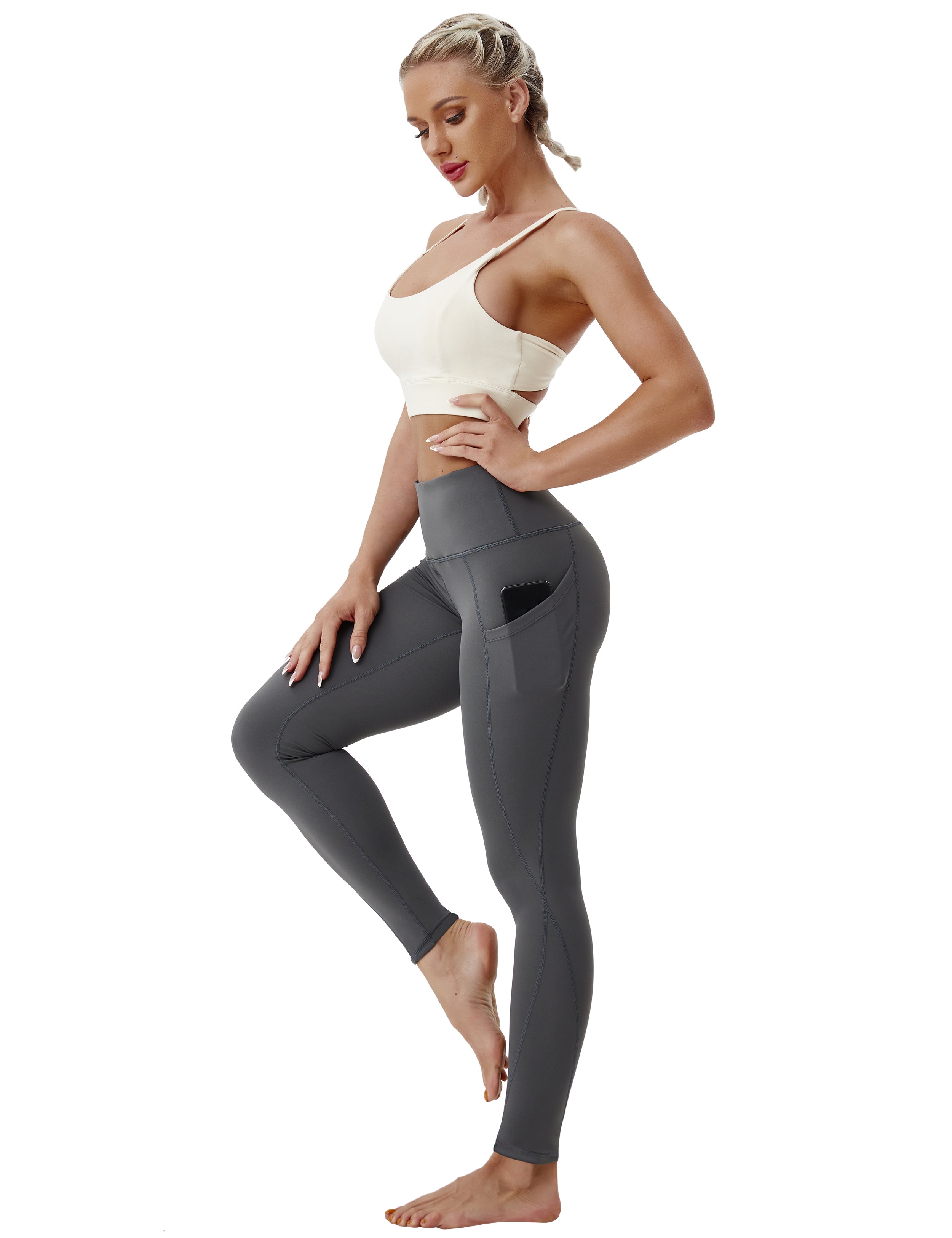 High Waist Side Pockets Running Pants shadowcharcoal 75% Nylon, 25% Spandex Fabric doesn't attract lint easily 4-way stretch No see-through Moisture-wicking Tummy control Inner pocket