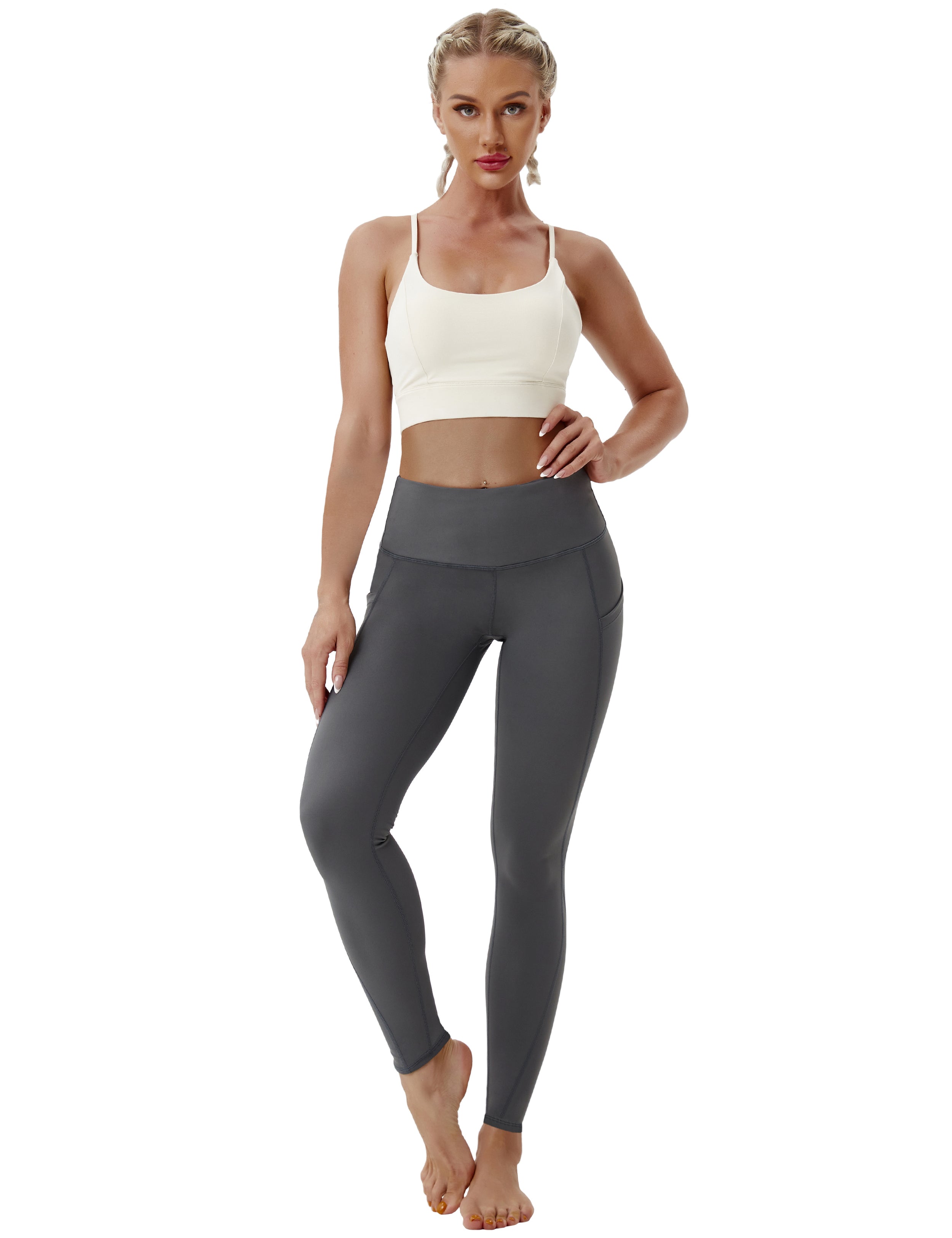 High Waist Side Pockets Pilates Pants shadowcharcoal 75% Nylon, 25% Spandex Fabric doesn't attract lint easily 4-way stretch No see-through Moisture-wicking Tummy control Inner pocket