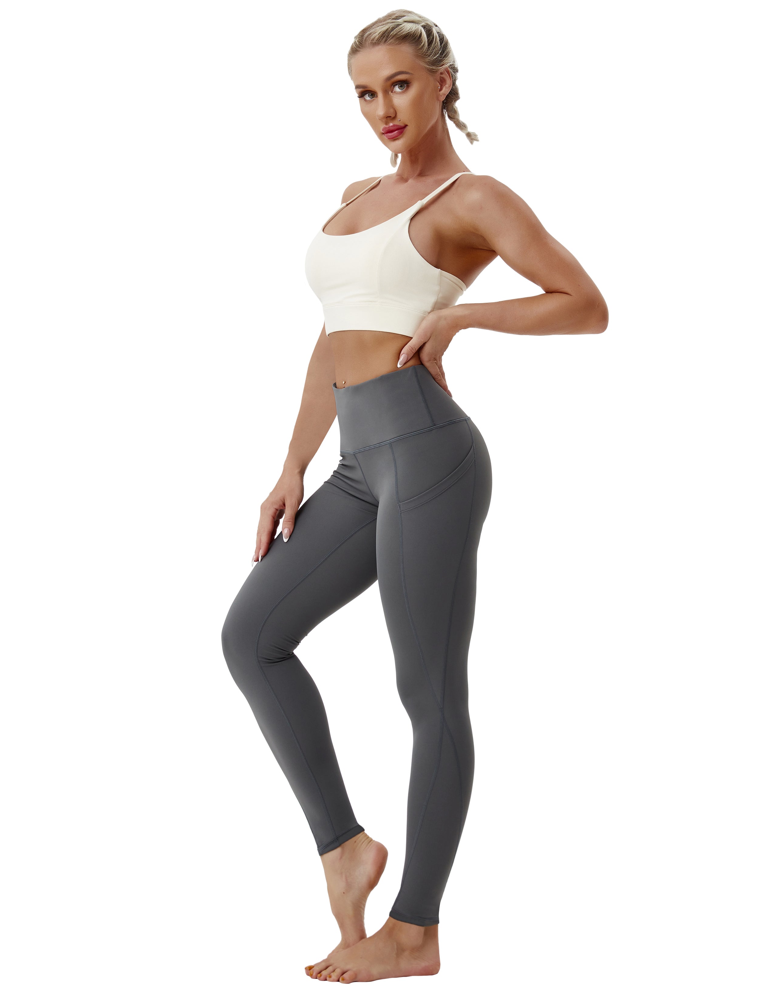 High Waist Side Pockets Pilates Pants shadowcharcoal 75% Nylon, 25% Spandex Fabric doesn't attract lint easily 4-way stretch No see-through Moisture-wicking Tummy control Inner pocket