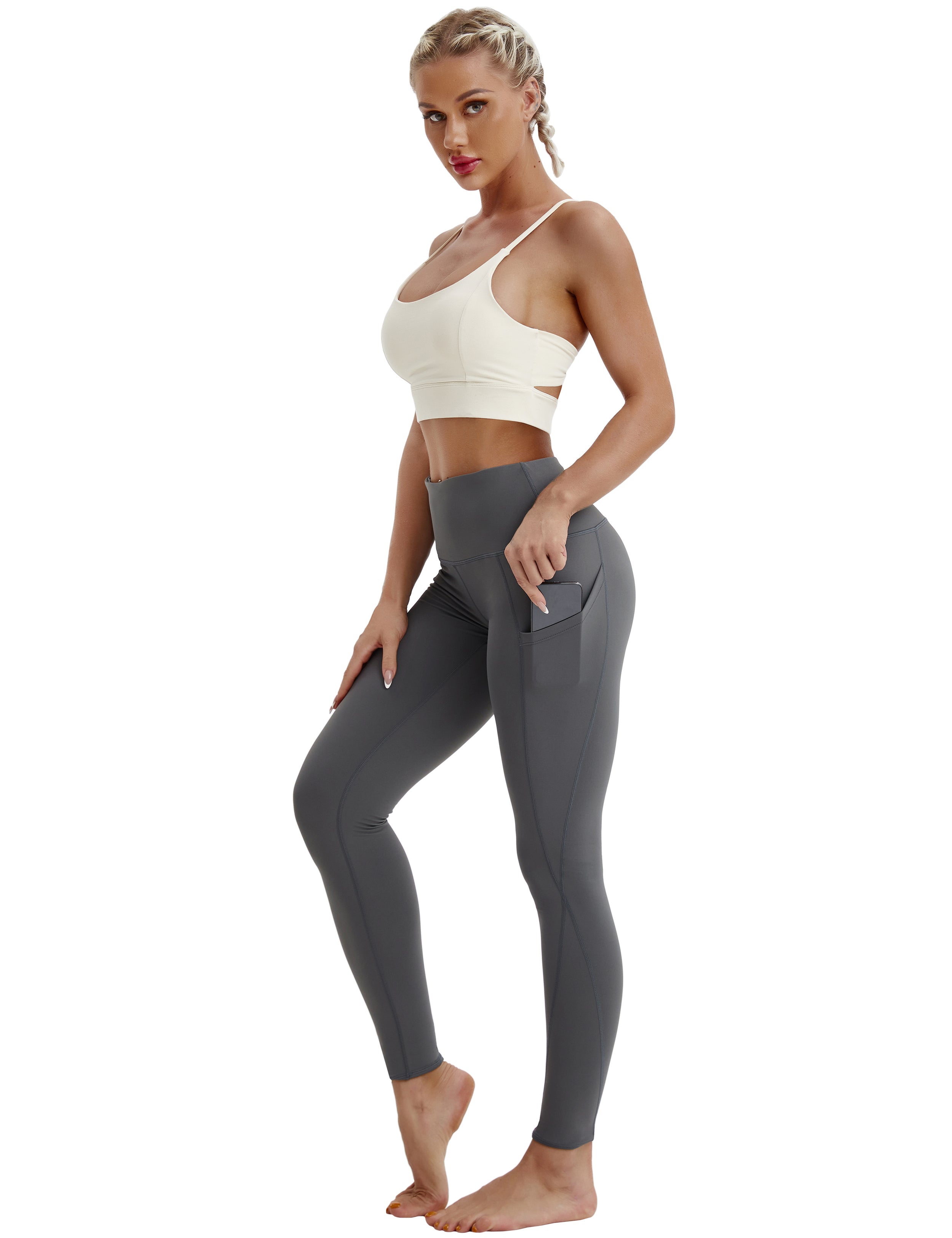 High Waist Side Pockets Gym Pants shadowcharcoal 75% Nylon, 25% Spandex Fabric doesn't attract lint easily 4-way stretch No see-through Moisture-wicking Tummy control Inner pocket