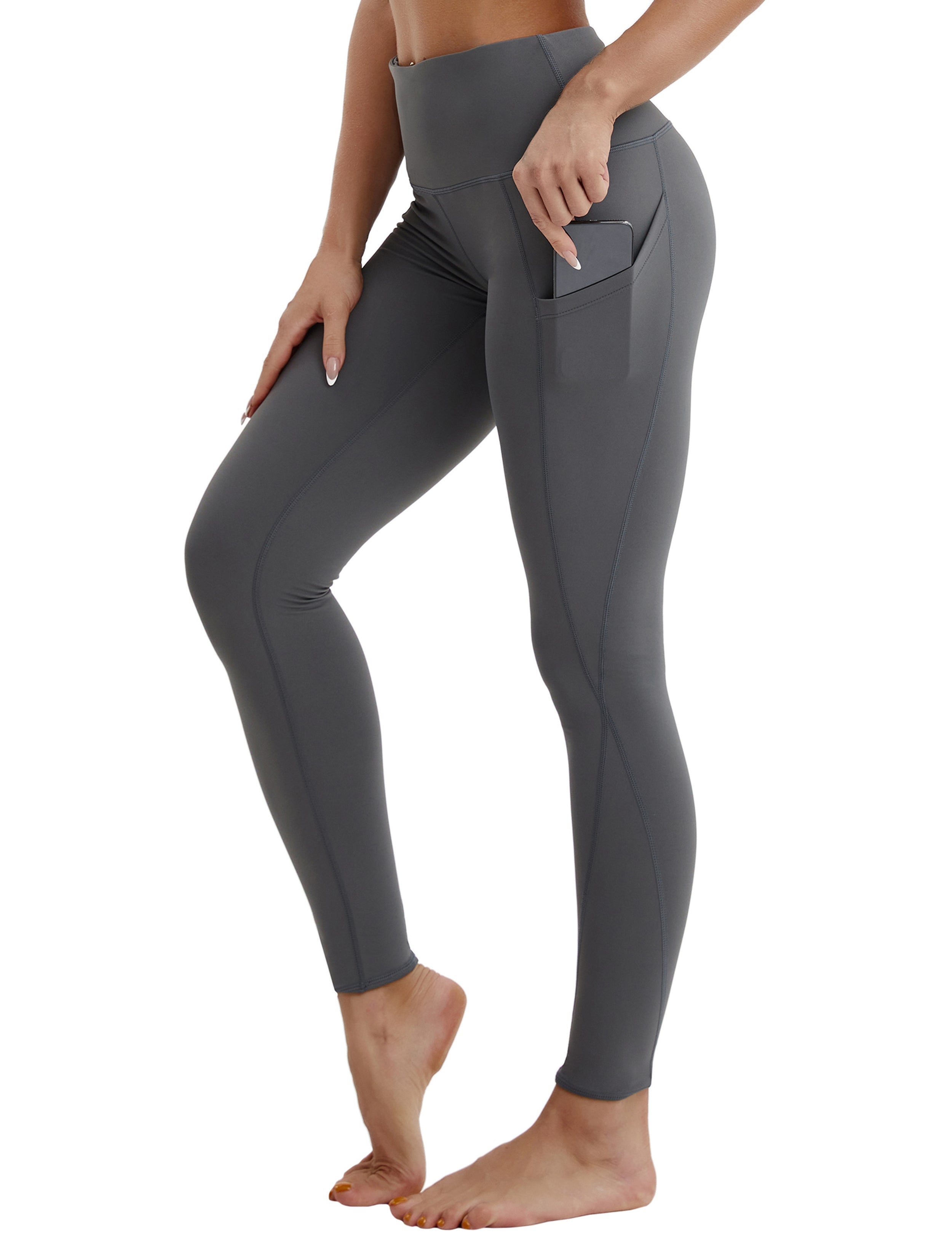 High Waist Side Pockets Tall Size Pants shadowcharcoal 75% Nylon, 25% Spandex Fabric doesn't attract lint easily 4-way stretch No see-through Moisture-wicking Tummy control Inner pocket