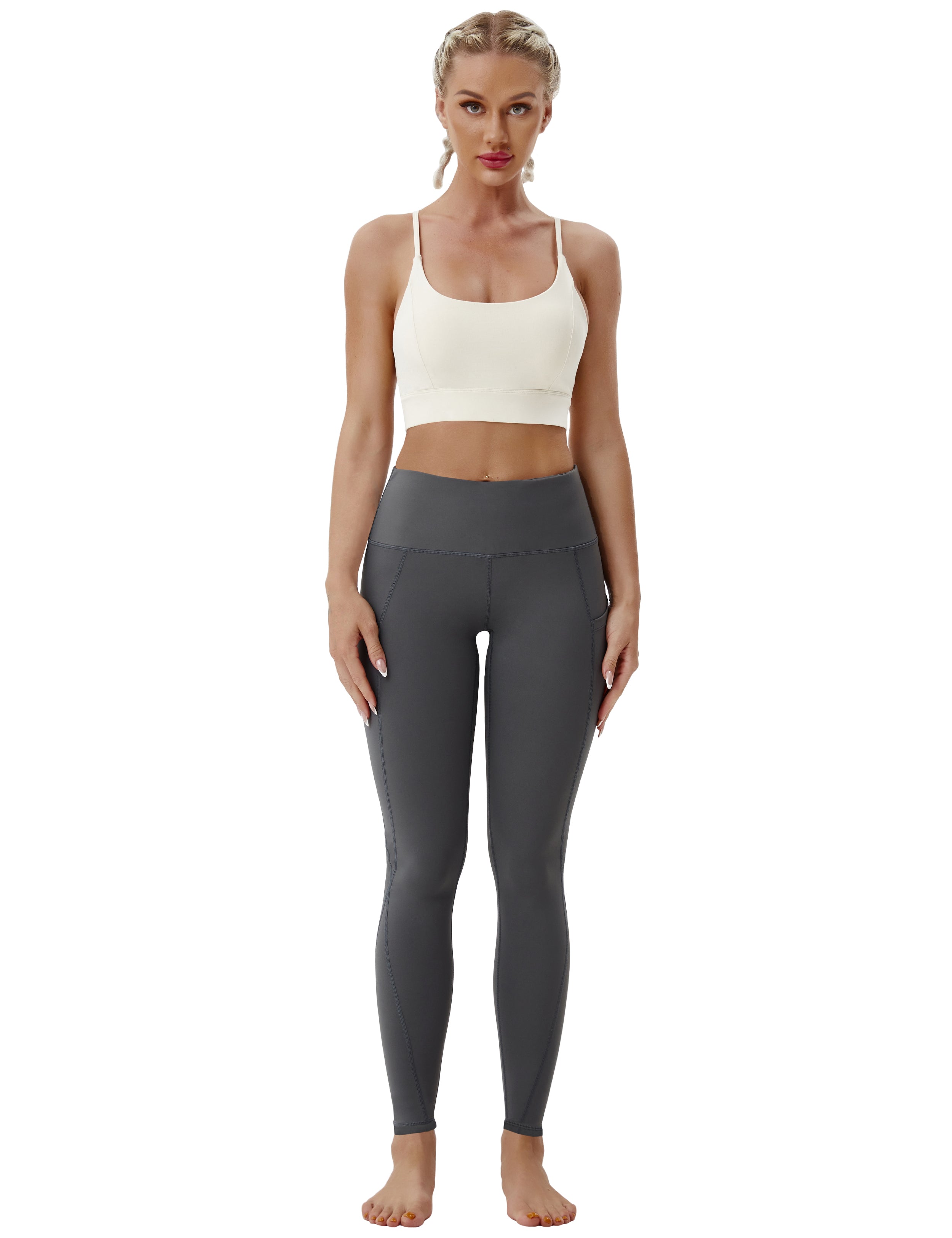 High Waist Side Pockets Running Pants shadowcharcoal 75% Nylon, 25% Spandex Fabric doesn't attract lint easily 4-way stretch No see-through Moisture-wicking Tummy control Inner pocket