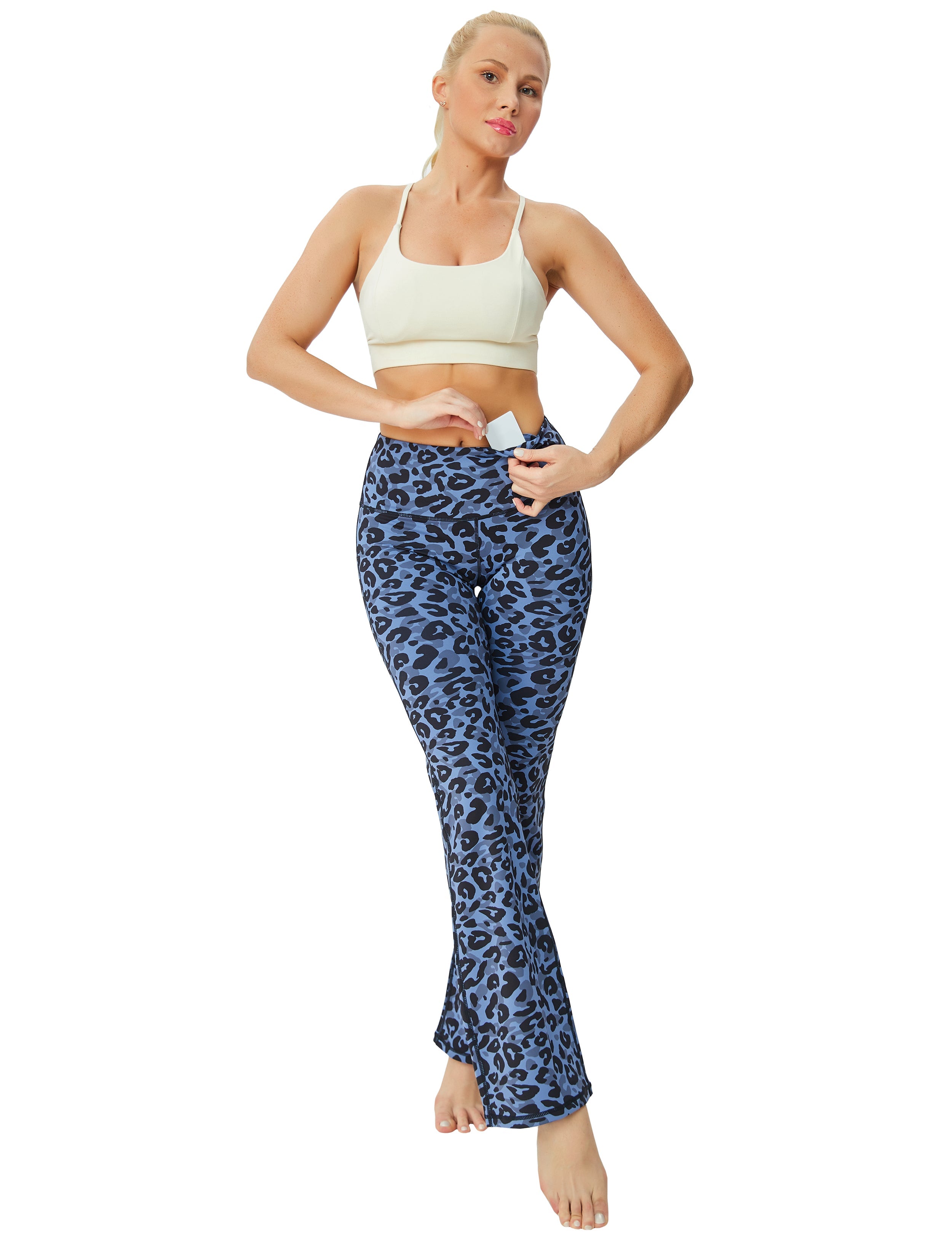 High Waist Printed Bootcut Leggings navy_leopard 78%Polyester/22%Spandex Fabric doesn't attract lint easily 4-way stretch No see-through Moisture-wicking Tummy control Inner pocket Five lengths