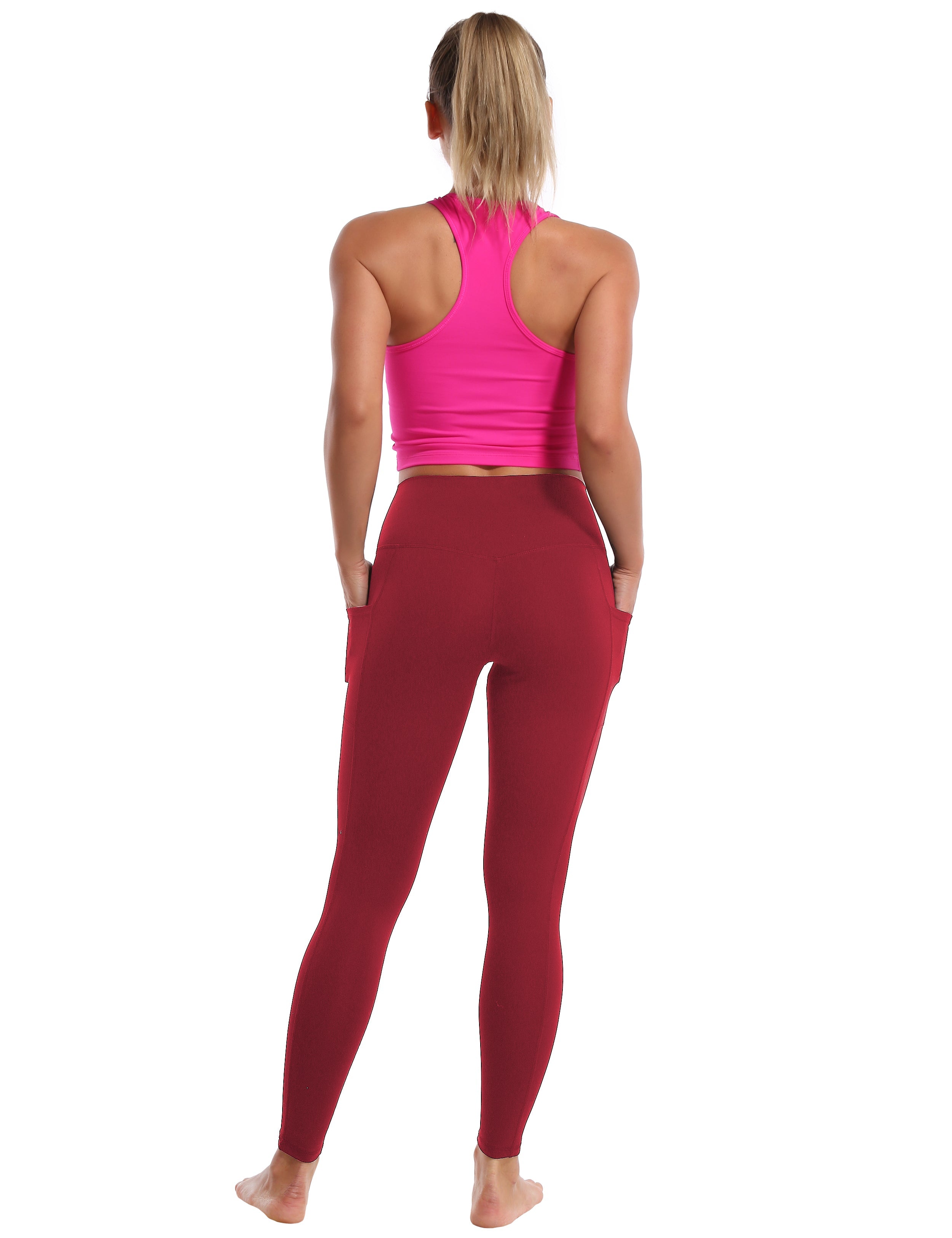 High Waisted Pilates Pants 7/8 Length Leggings with Pockets red_Pilates