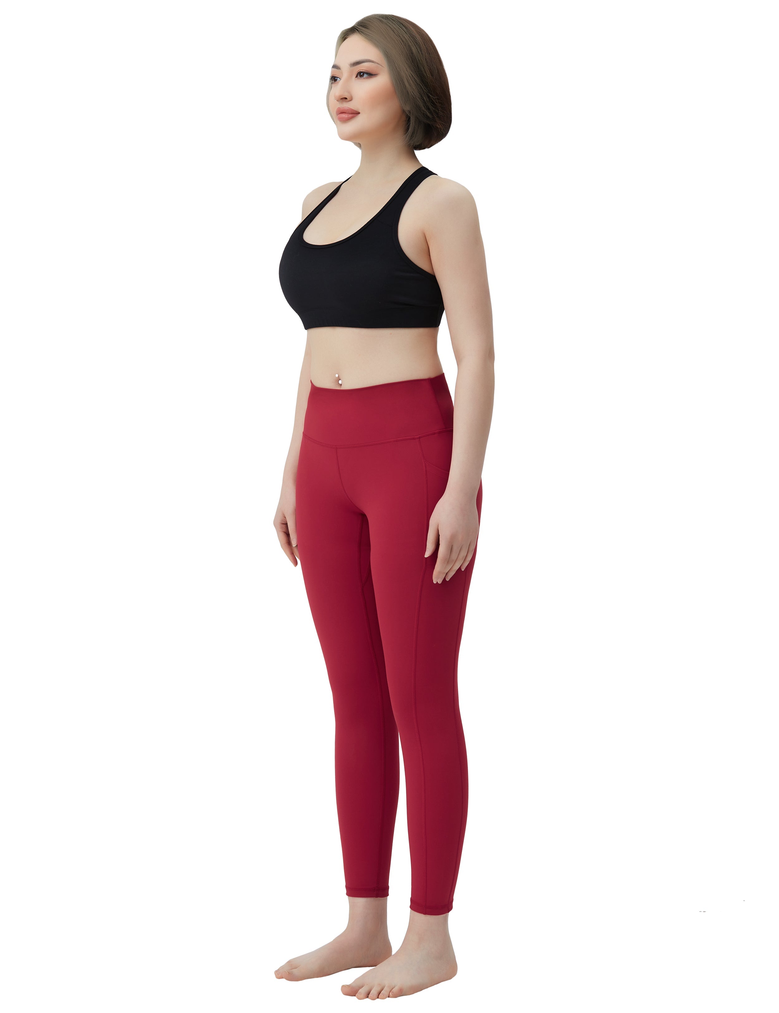 High Waisted Pilates Pants 7/8 Length Leggings with Pockets red_Pilates