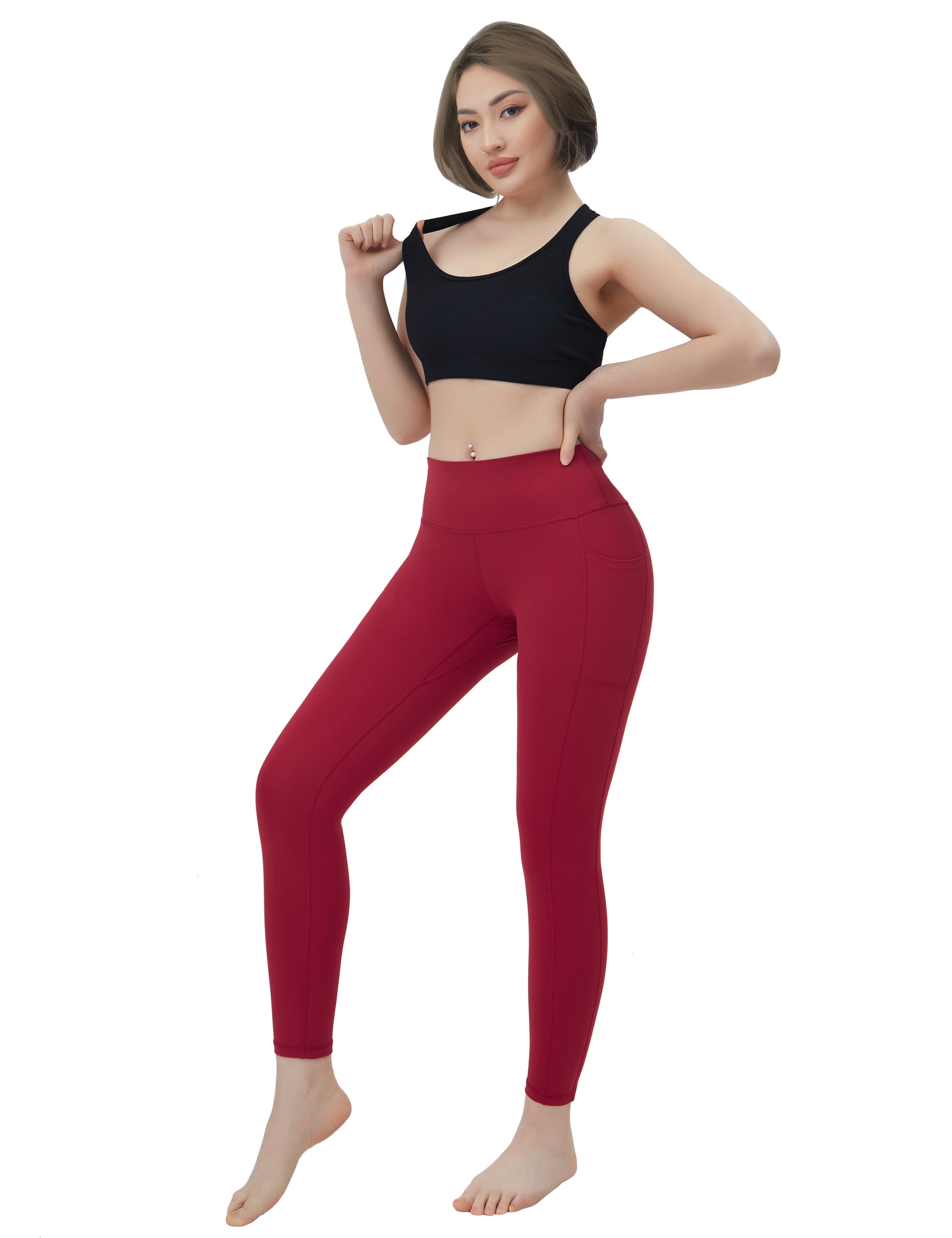 High Waisted Pilates Pants 7/8 Length Leggings with Pockets red_Pilates