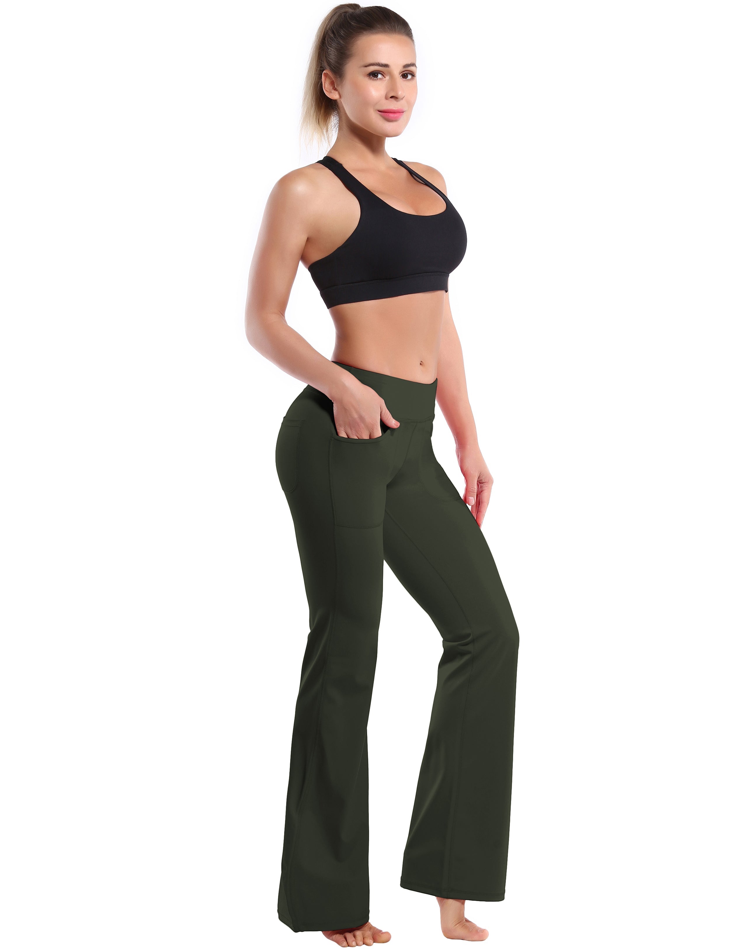 4 Pockets Bootcut Leggings olivegray 75%Nylon/25%Spandex Fabric doesn't attract lint easily 4-way stretch No see-through Moisture-wicking Inner pocket Four lengths