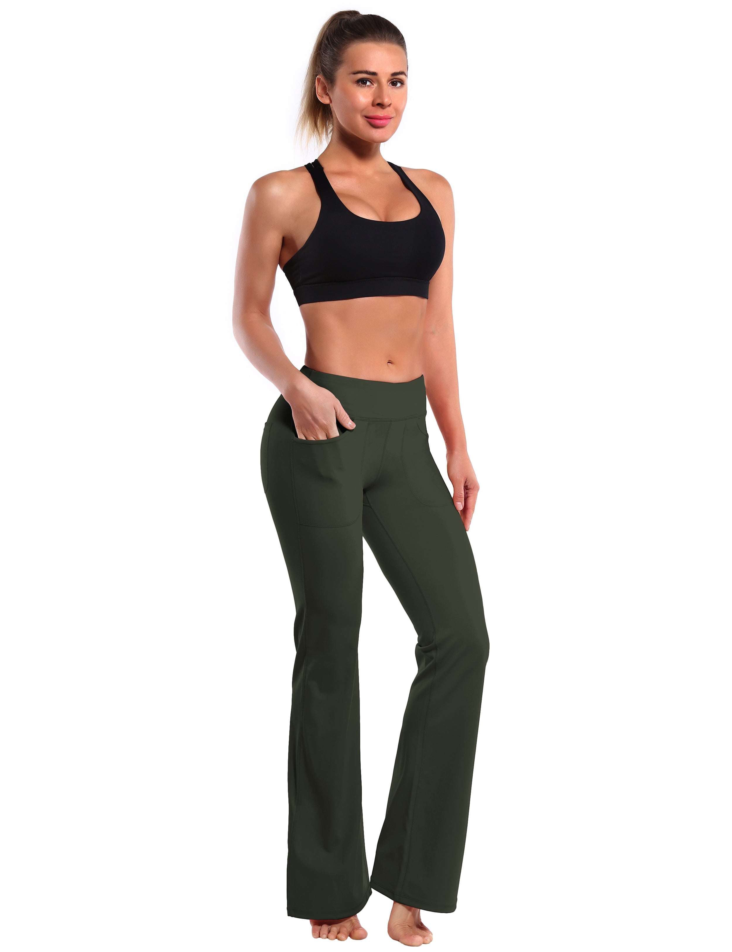 4 Pockets Bootcut Leggings olivegray 75%Nylon/25%Spandex Fabric doesn't attract lint easily 4-way stretch No see-through Moisture-wicking Inner pocket Four lengths