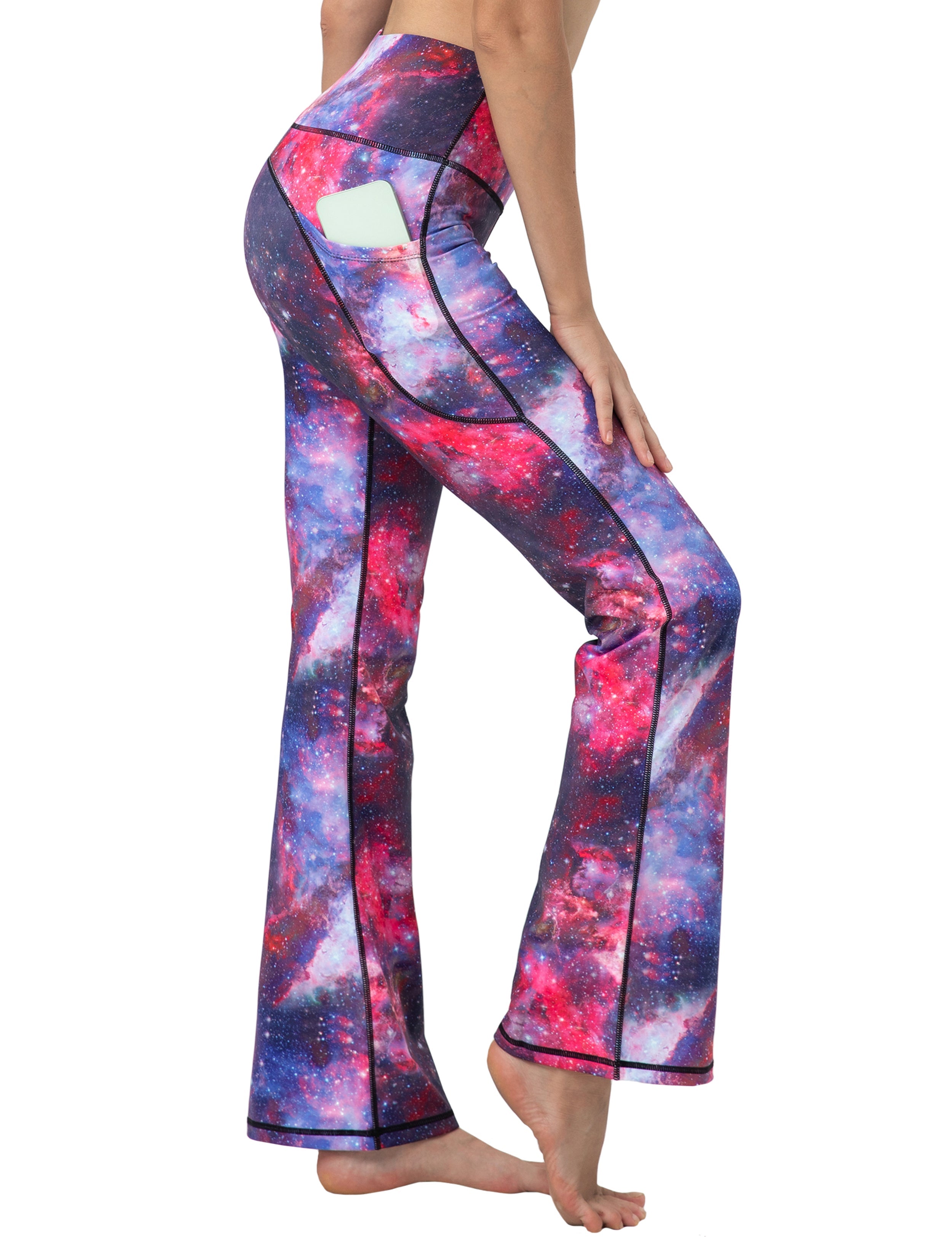 29" 31" 33" 35" 37"  Side Pockets Printed Bootcut Leggings galaxy_Running