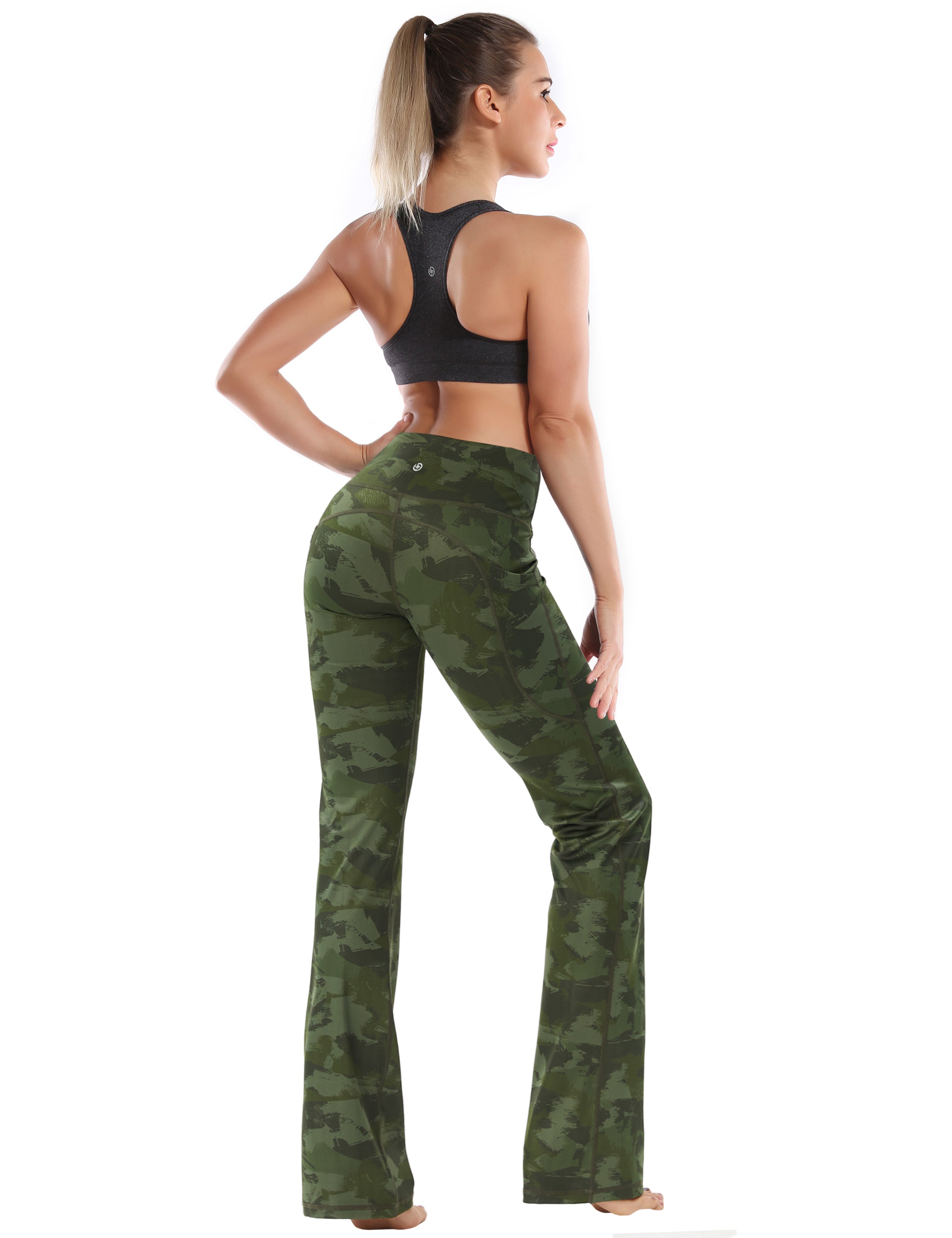 29" 31" 33" 35" 37"  Side Pockets Printed Bootcut Leggings green brushcamo_Pilates