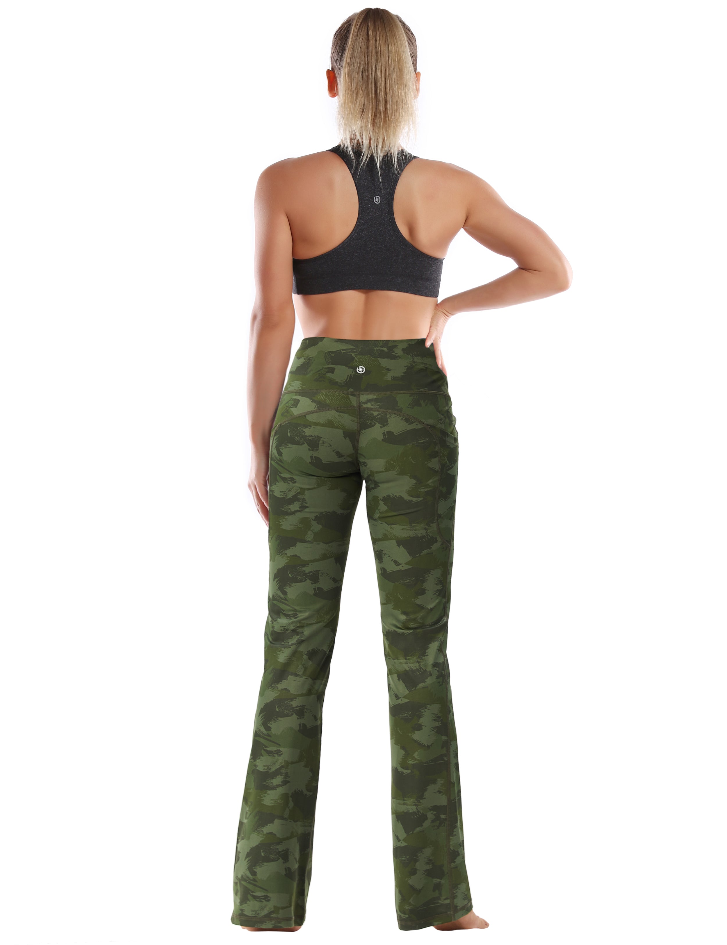 29" 31" 33" 35" 37"  Side Pockets Printed Bootcut Leggings green brushcamo_Pilates