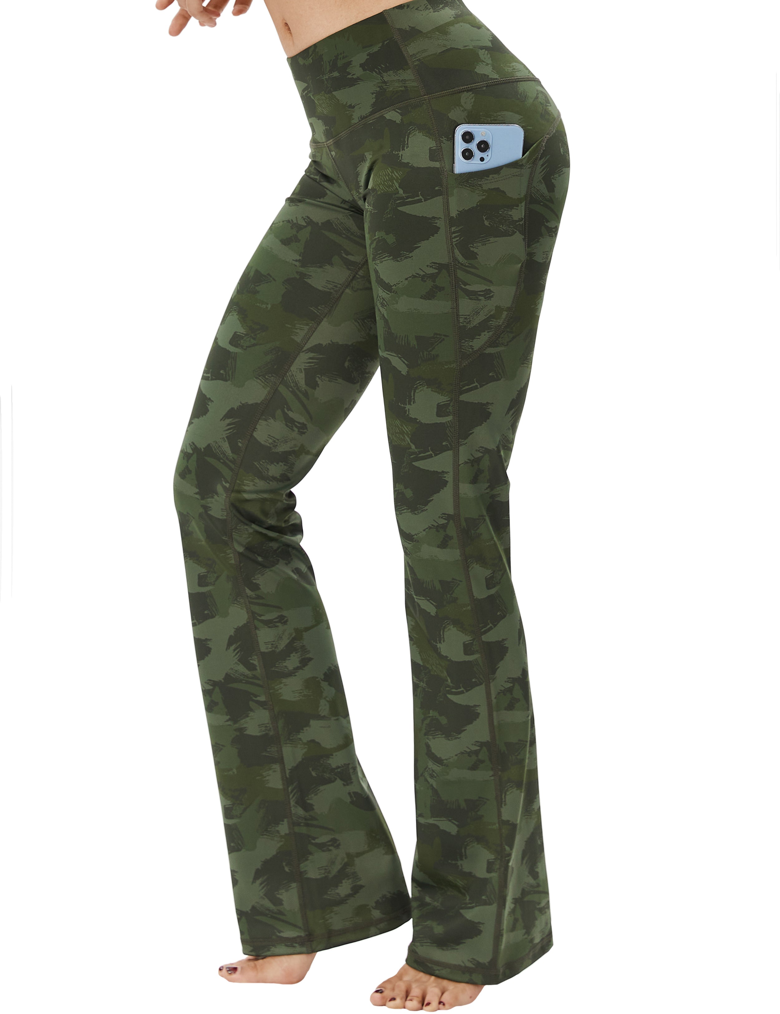 29" 31" 33" 35" 37"  Side Pockets Printed Bootcut Leggings green brushcamo_Pilates