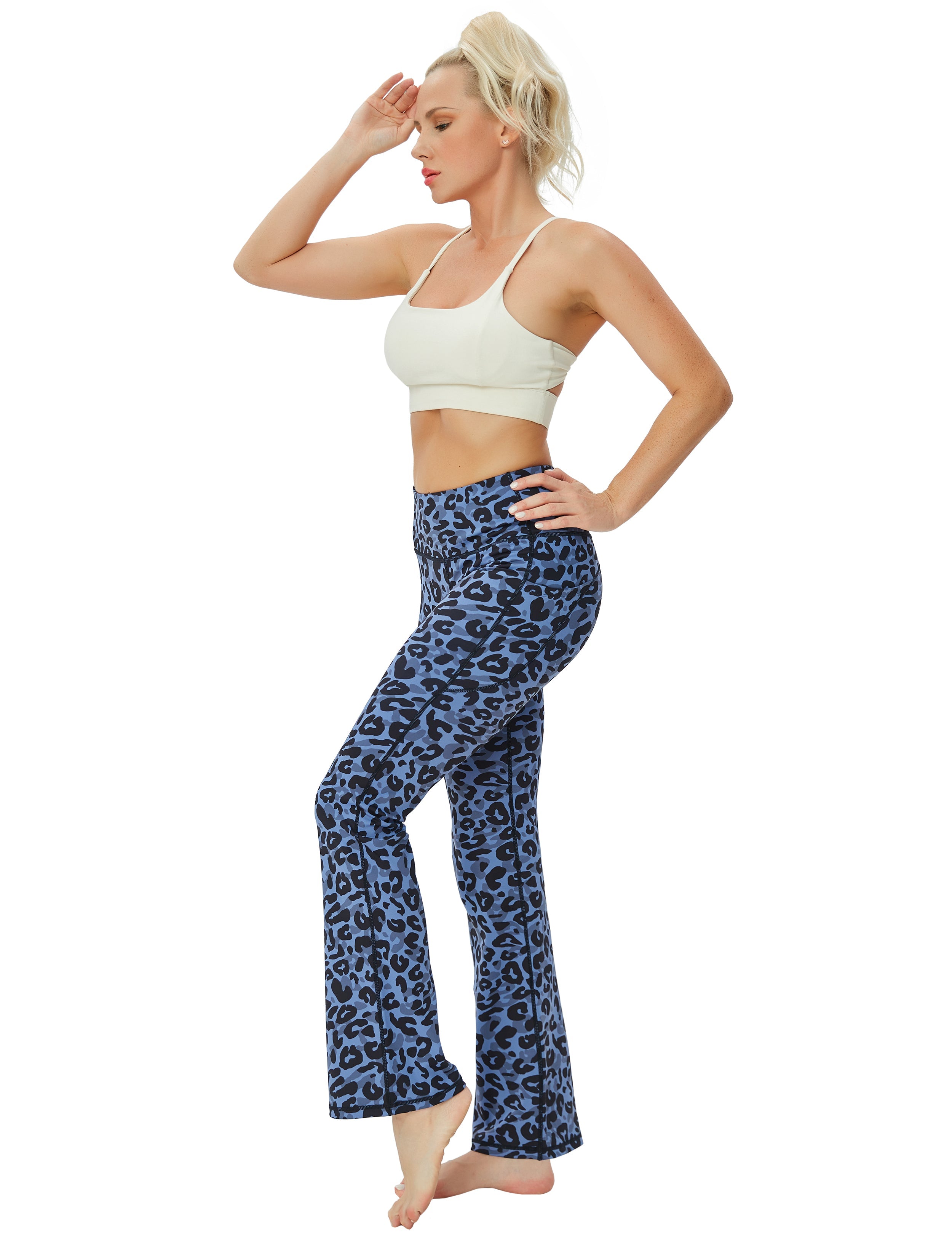 29" 31" 33" 35" 37"  Side Pockets Printed Bootcut Leggings navy_leopard_Gym