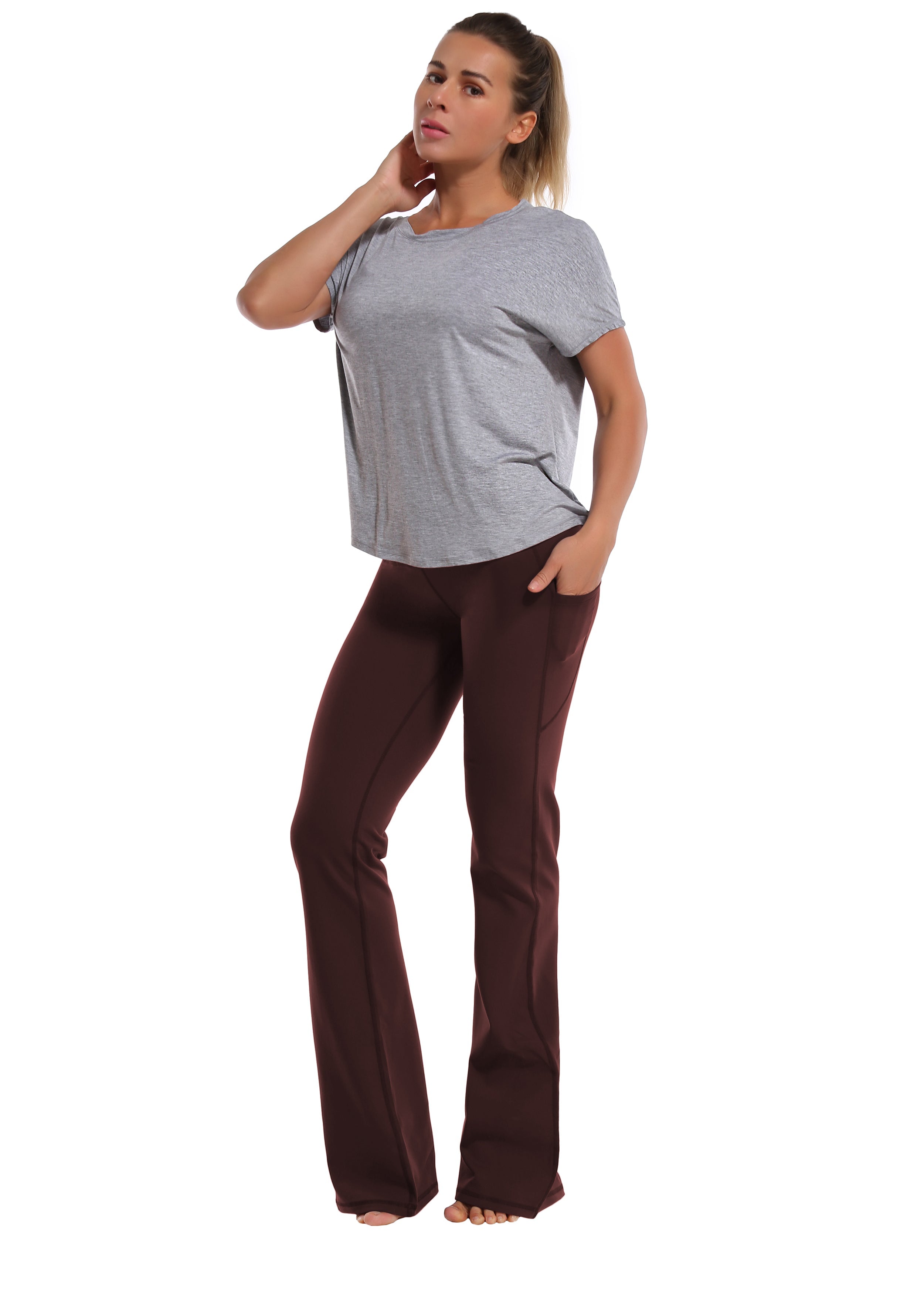 139 Side Pockets Bootcut Leggings mahoganymaroon 87%Nylon/13%Spandex Fabric doesn't attract lint easily 4-way stretch No see-through Moisture-wicking Tummy control Inner pocket Four lengths