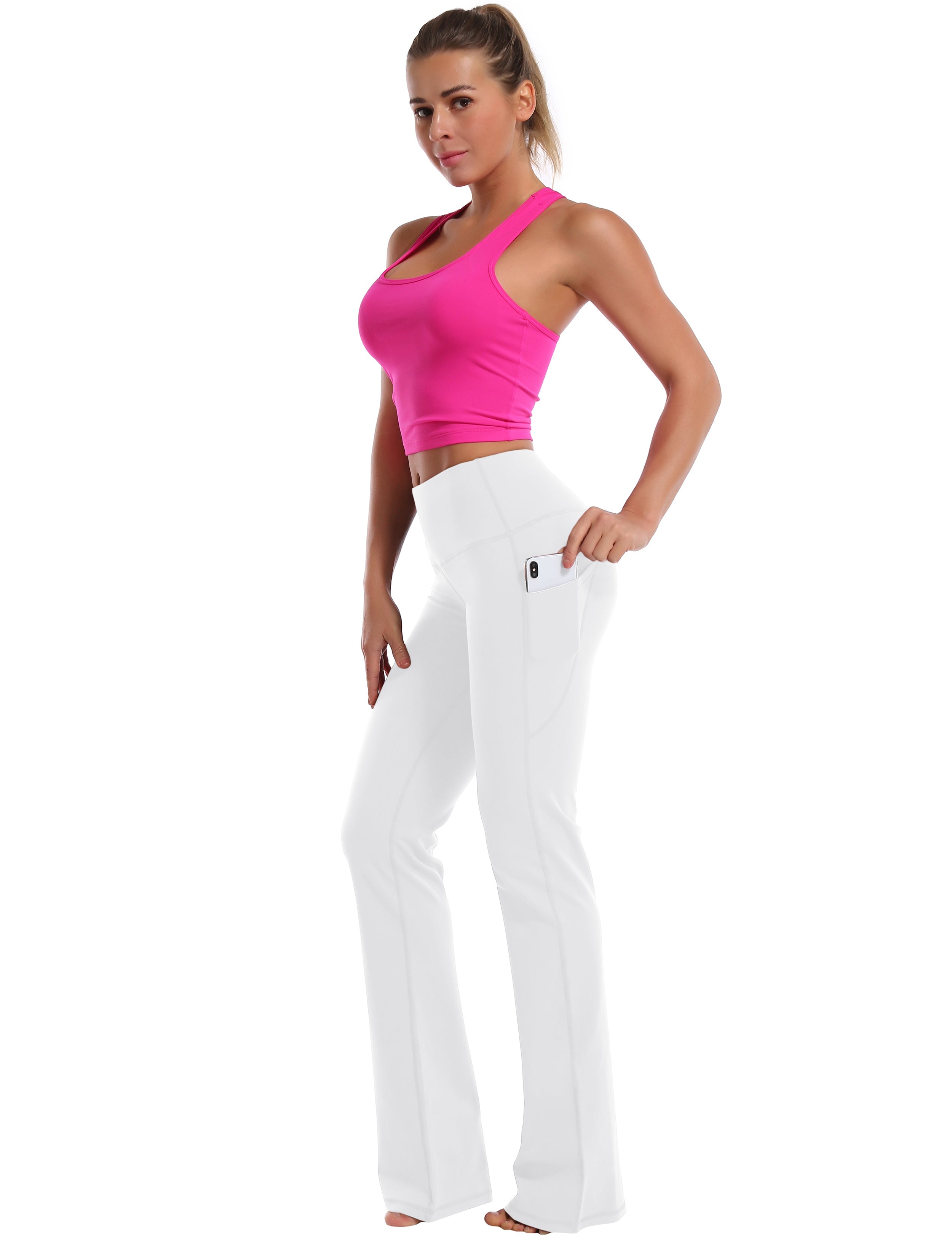 139 Side Pockets Bootcut Leggings white 87%Nylon/13%Spandex Fabric doesn't attract lint easily 4-way stretch No see-through Moisture-wicking Tummy control Inner pocket Four lengths