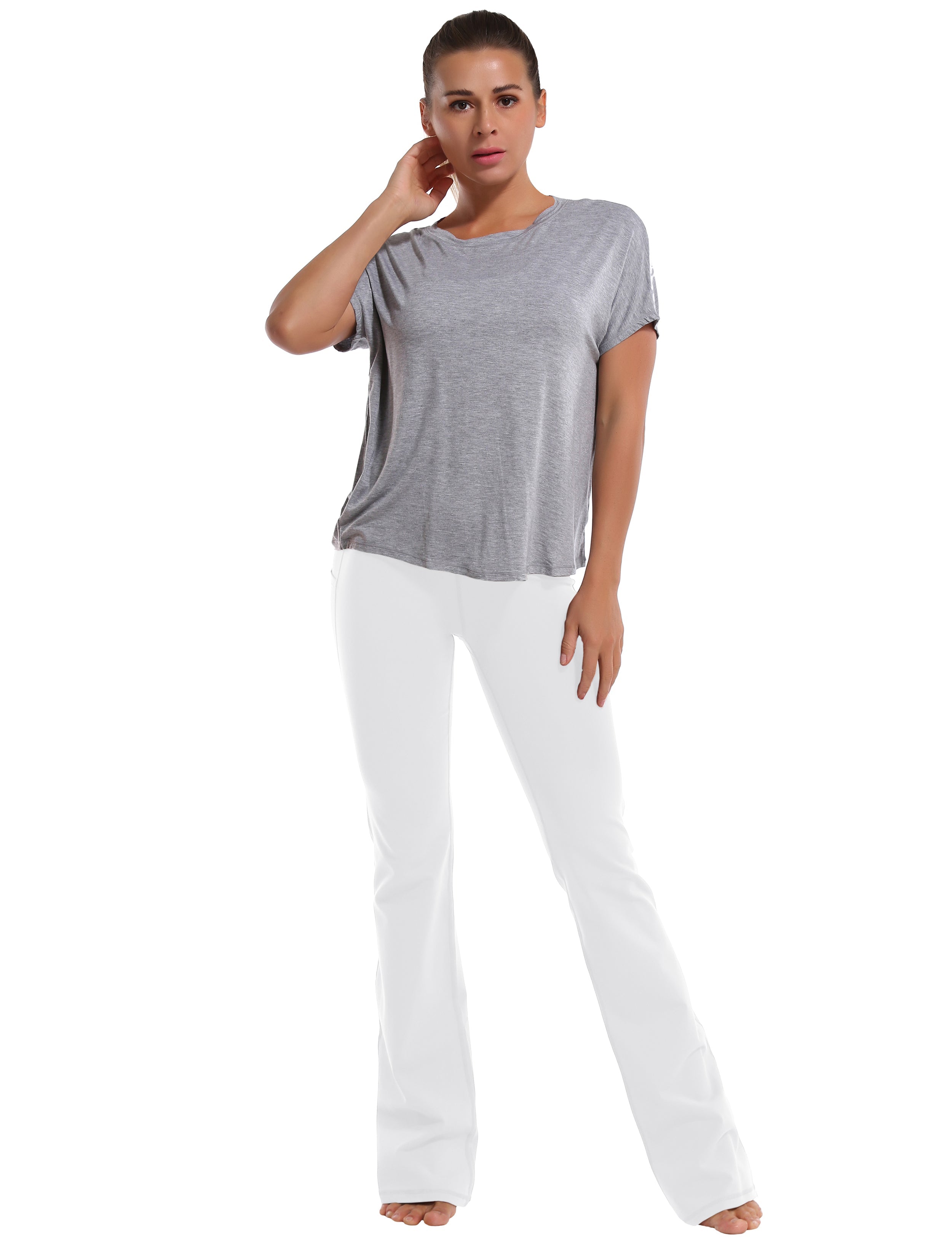 139 Side Pockets Bootcut Leggings white 87%Nylon/13%Spandex Fabric doesn't attract lint easily 4-way stretch No see-through Moisture-wicking Tummy control Inner pocket Four lengths